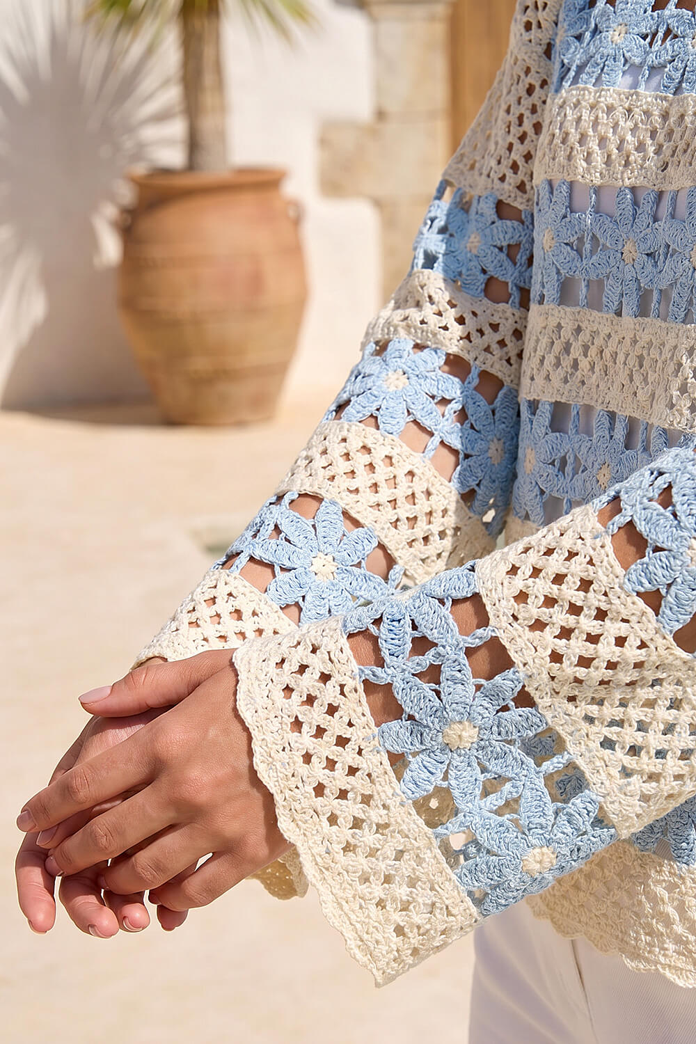 Light Blue Floral Stripe Crochet Knit Jumper, Image 5 of 4