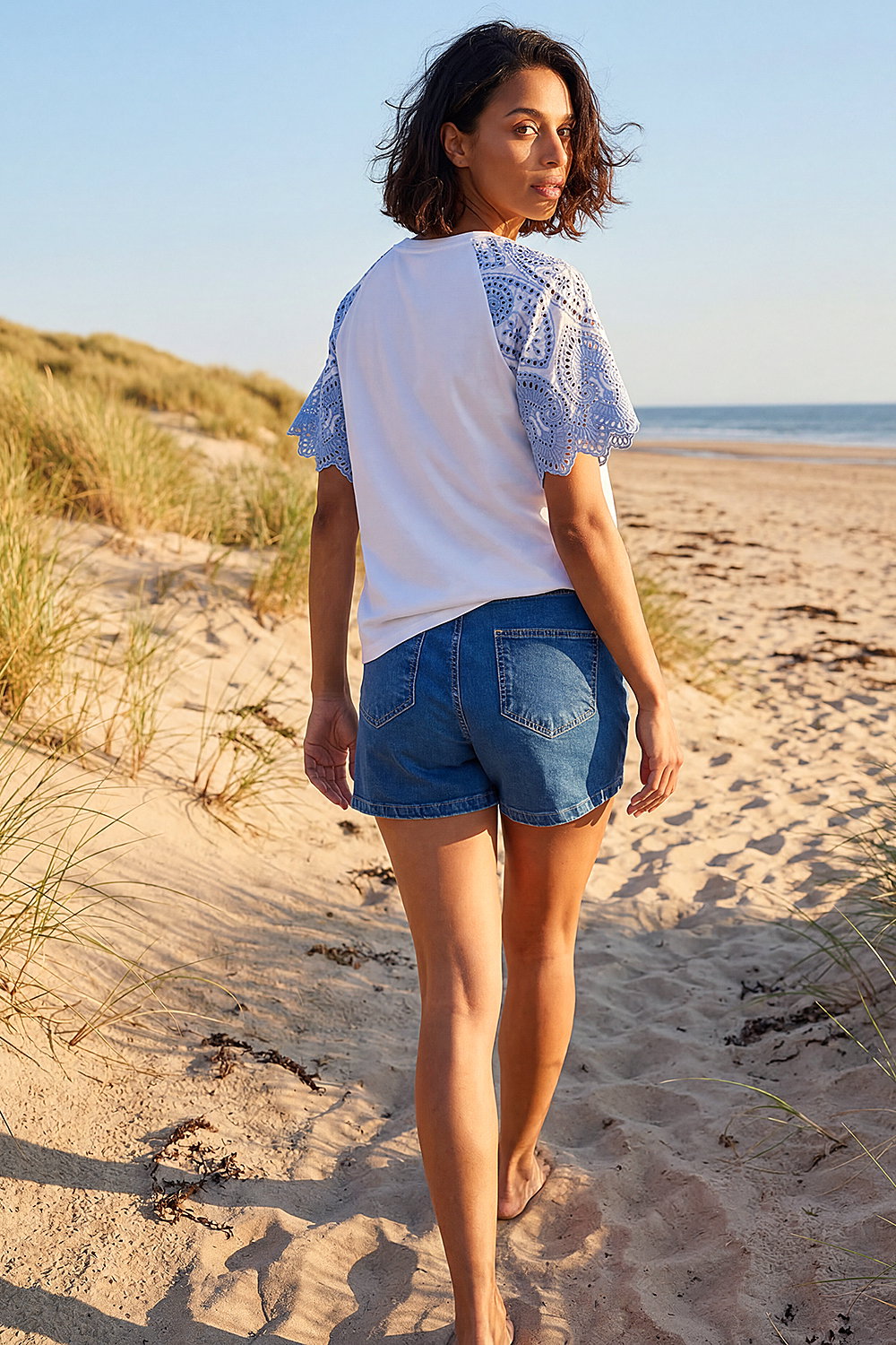 White Dusk Broderie Contrast Sleeve Top, Image 4 of 4