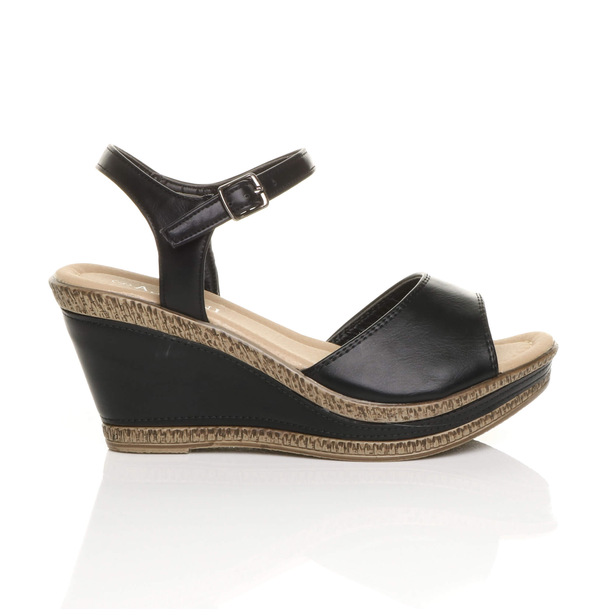 Black AJVANI Black High Wedge Heels Ankle Strap Cork Sandals, Image 2 of 6