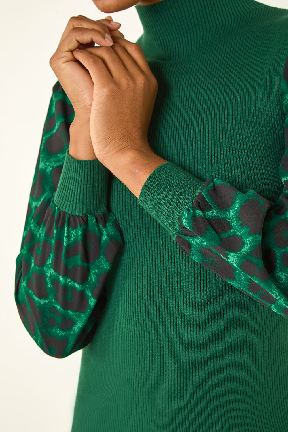 Green Animal Print Mesh Sleeve Knit, Image 6 of 5
