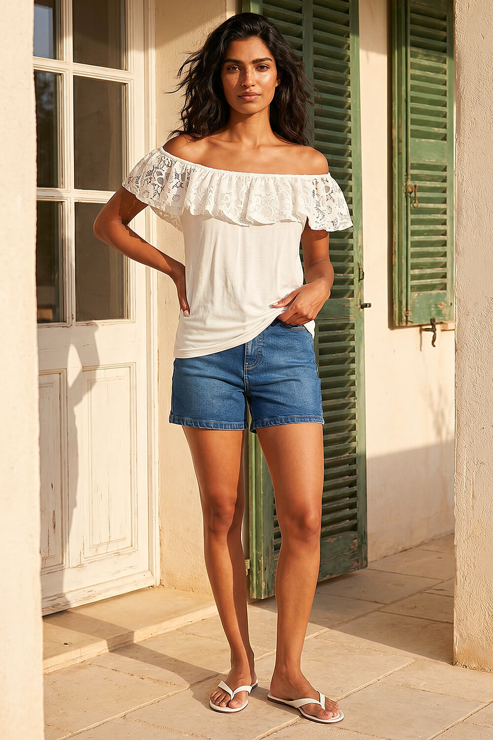 Ivory Lace Trim Bardot Top, Image 3 of 4