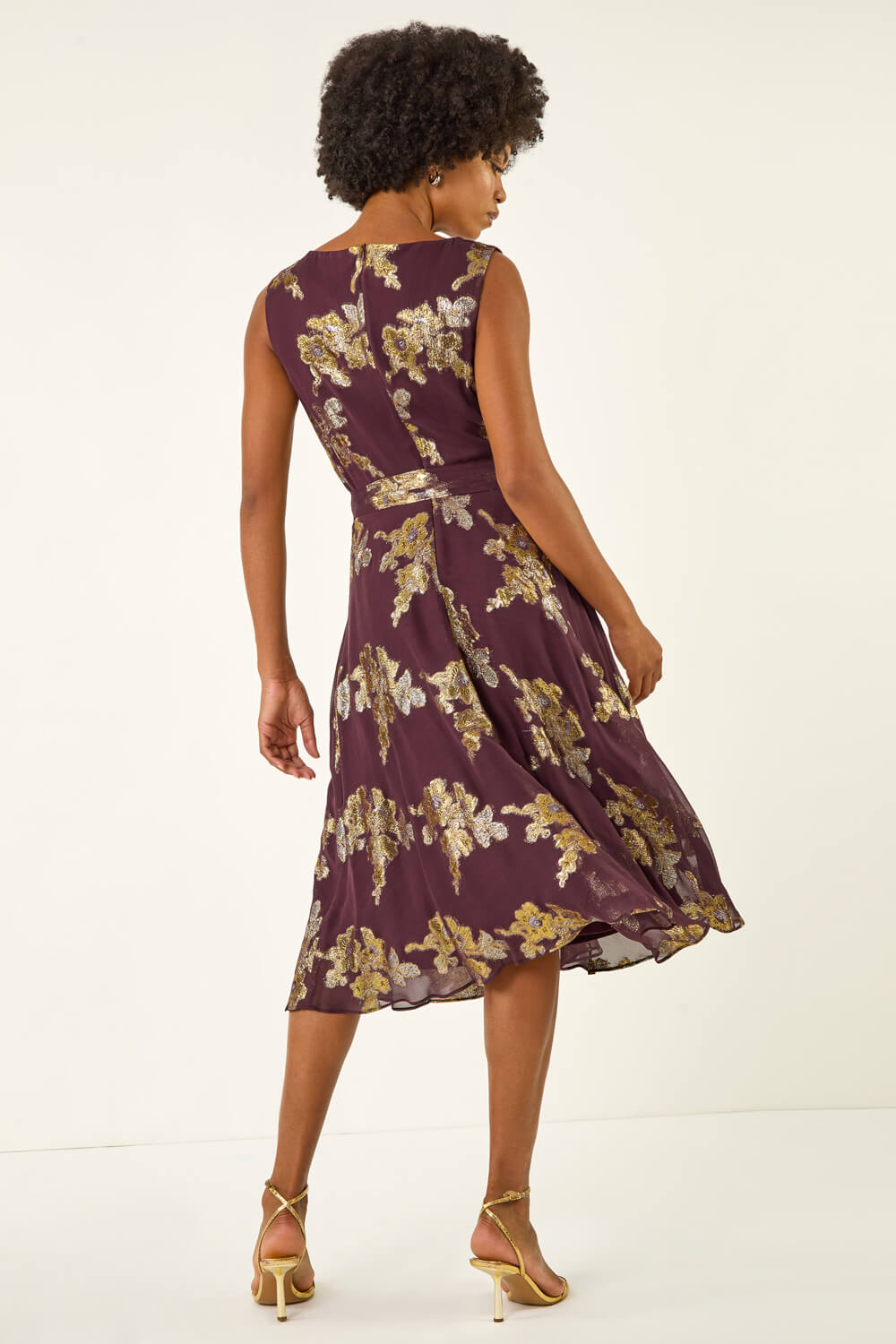Plum Metallic Jacquard Cowl Neck Midi Dress, Image 4 of 5