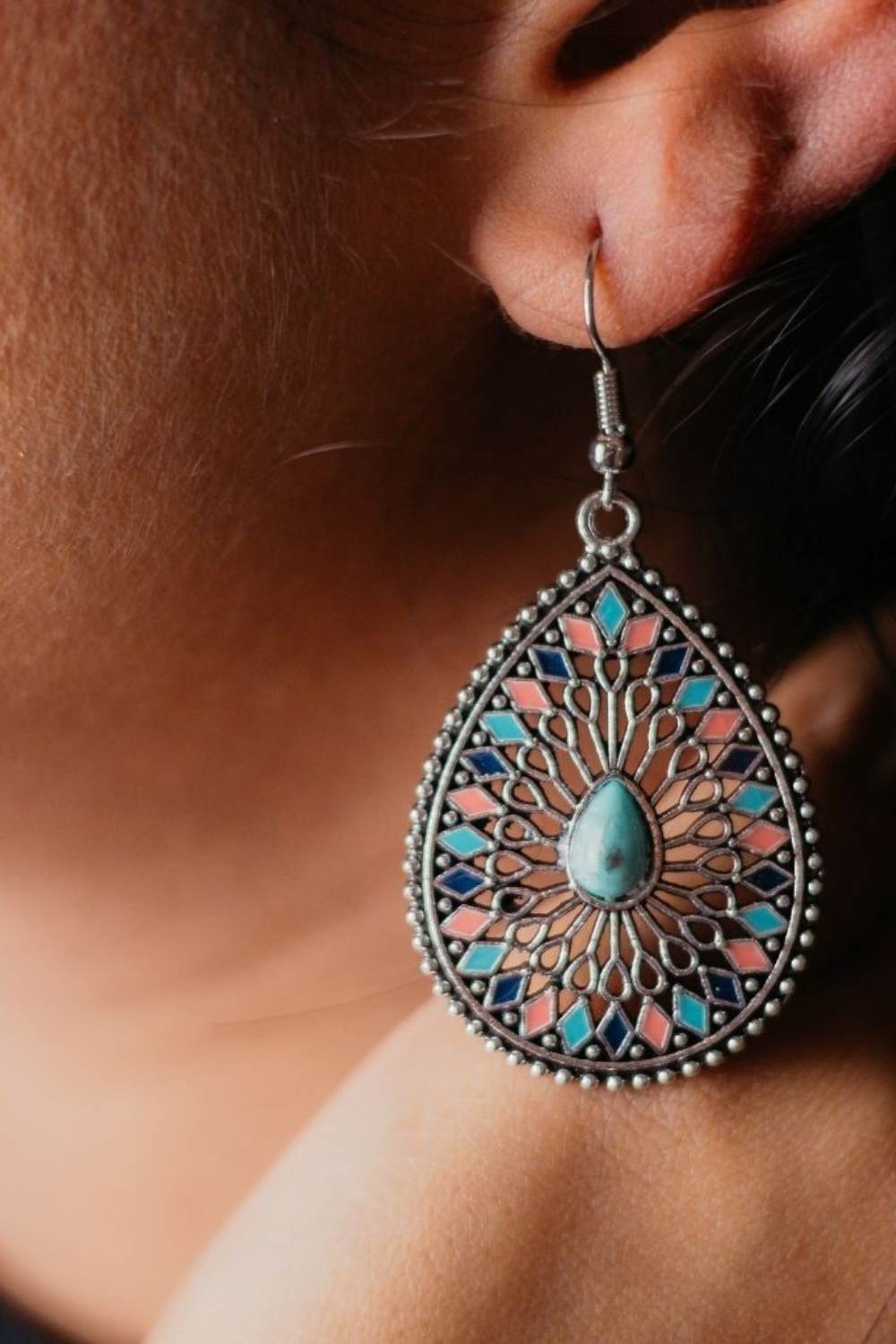 Blue Large Mandala Floral Turquoise Enamel Boho Teardrop Dangler, Image 1 of 3