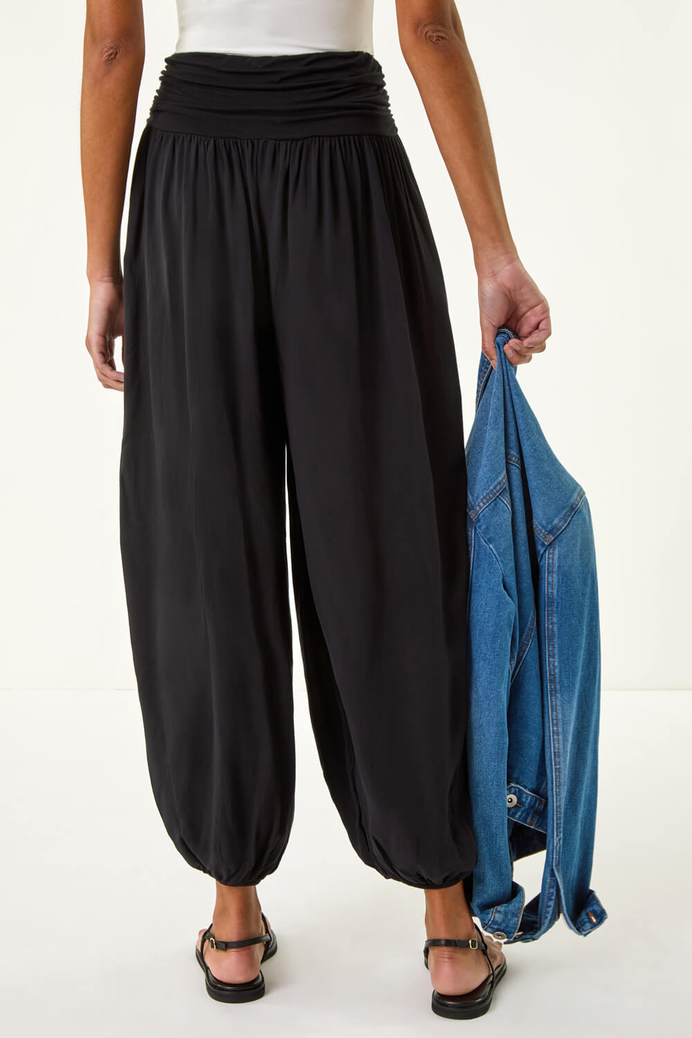Black Ruched Waist Harem Trousers, Image 4 of 5