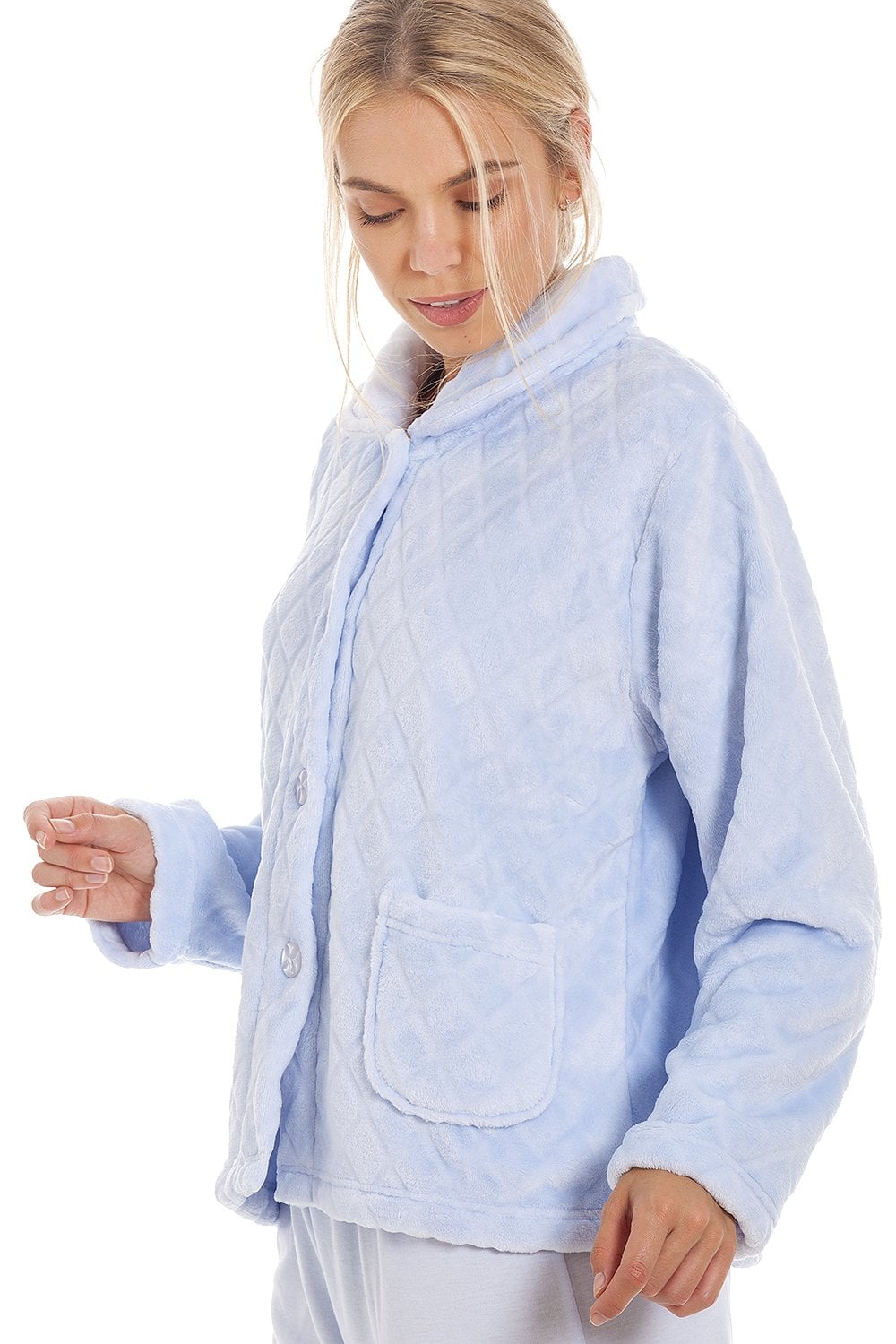 Light Blue Supersoft Diamond Print Button Up Bed Jacket, Image 2 of 4