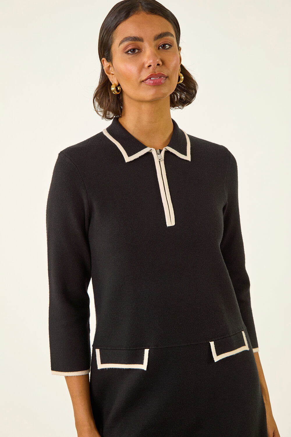 Black Contrast Zip Collared Knit Dress, Image 5 of 5