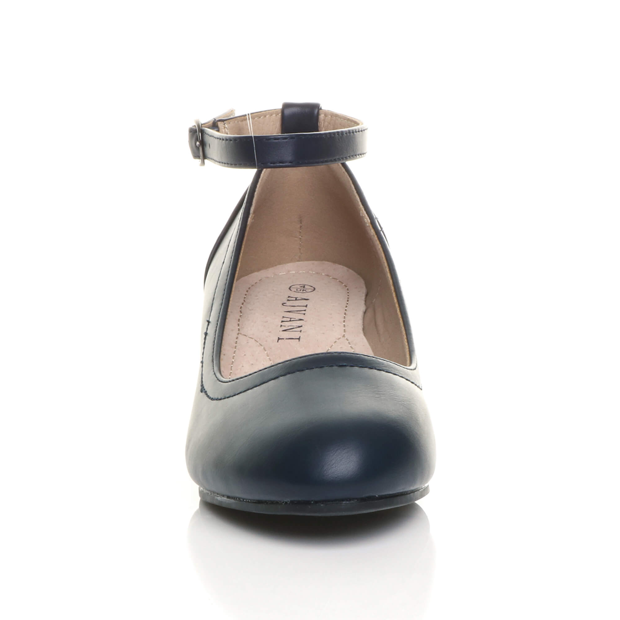 Navy Blue AJVANI Navy Blue Low Block Heel Ankle Strap Court Shoes, Image 6 of 6