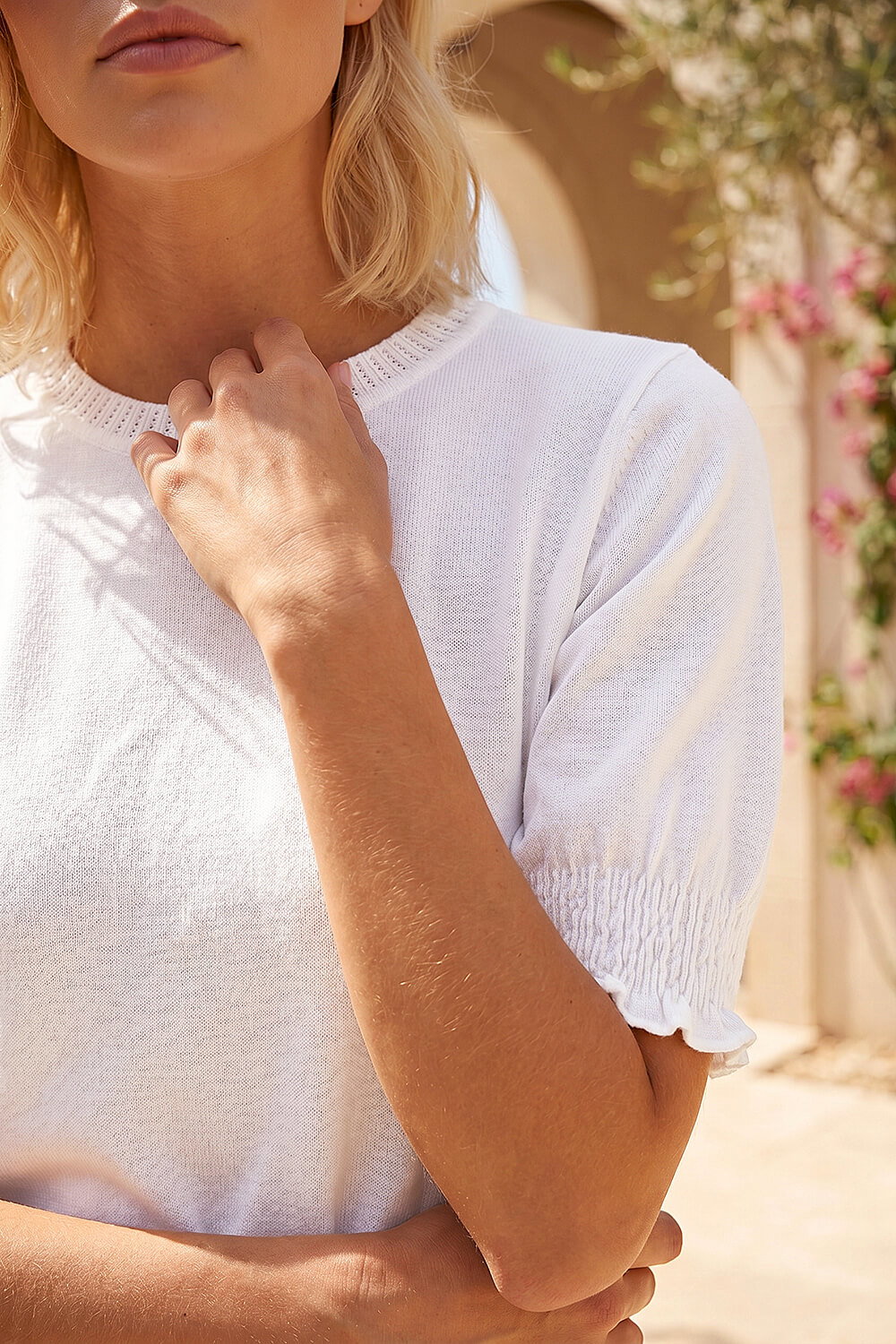 White Petite Shirred Sleeve Knit Top, Image 5 of 4