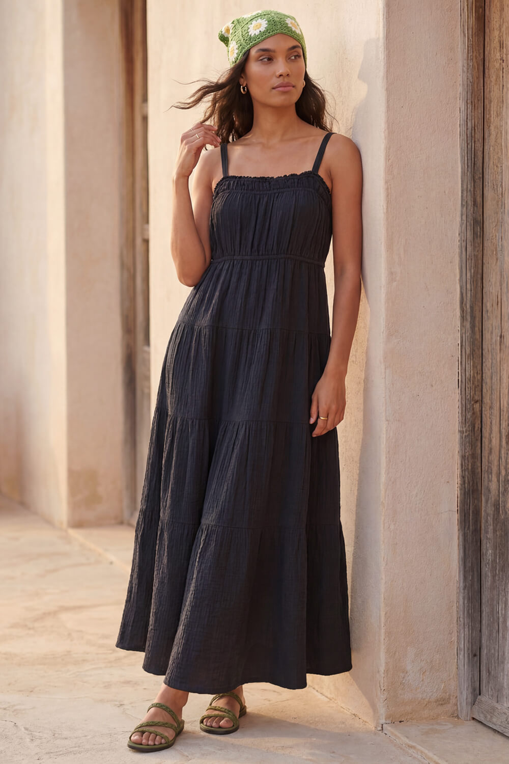 Black Strappy Tiered Maxi Dress, Image 1 of 4