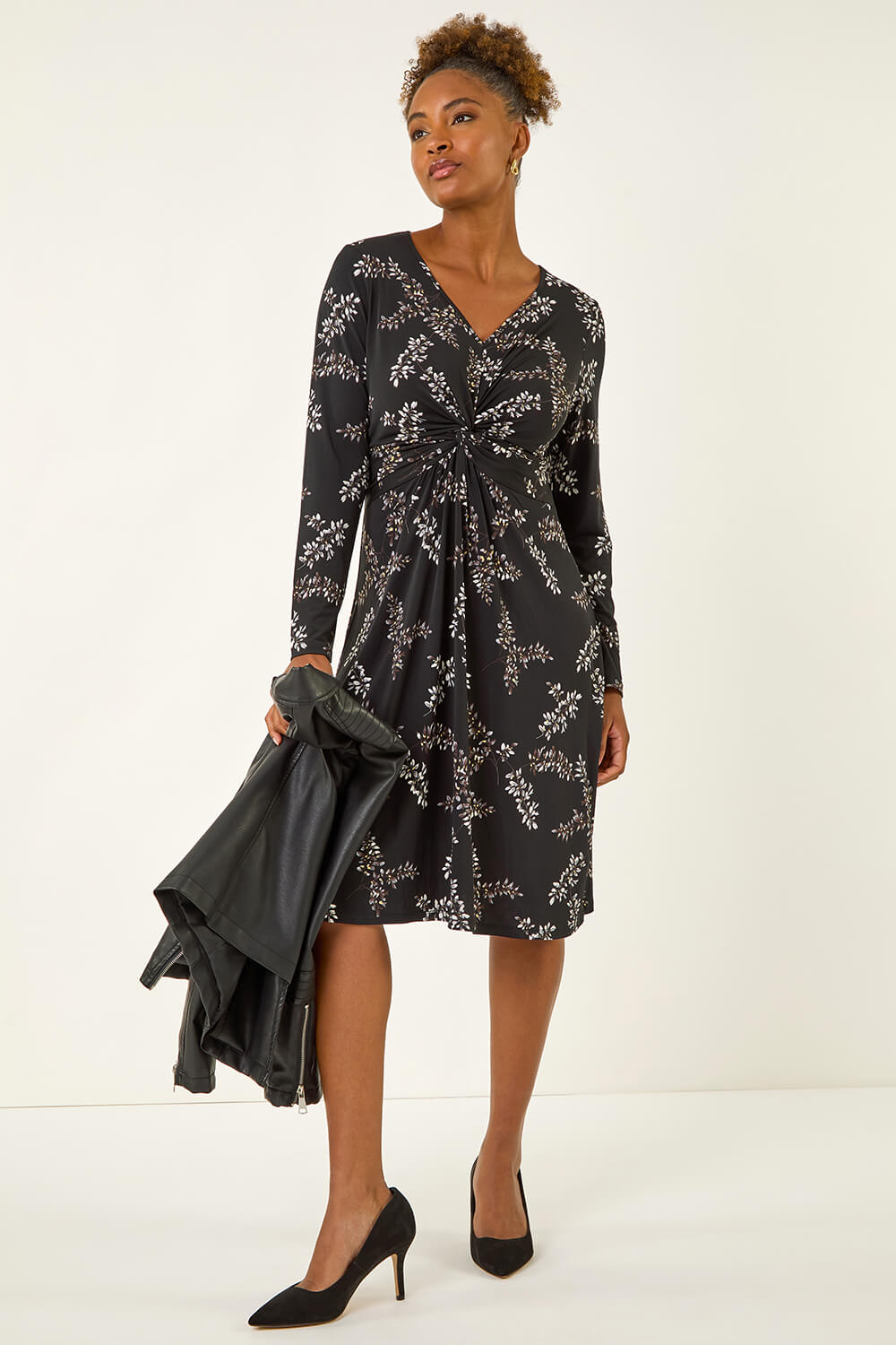 Black Floral Print Twist Front Midi Dress, Image 1 of 5