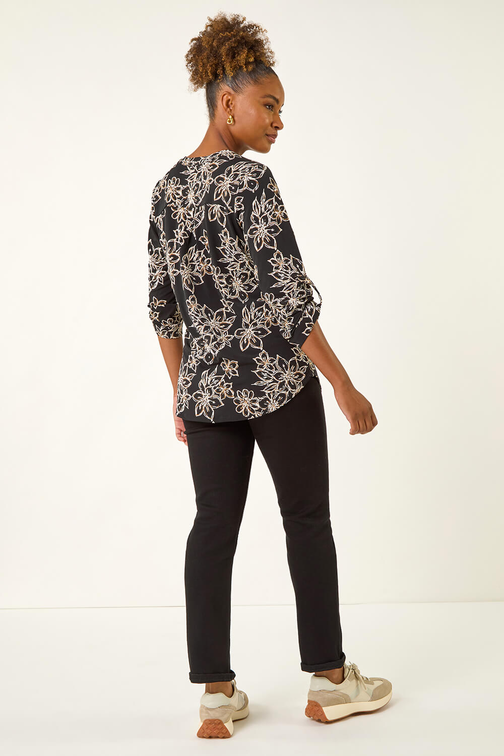 Beige Floral Puff Print Stretch Top, Image 4 of 5