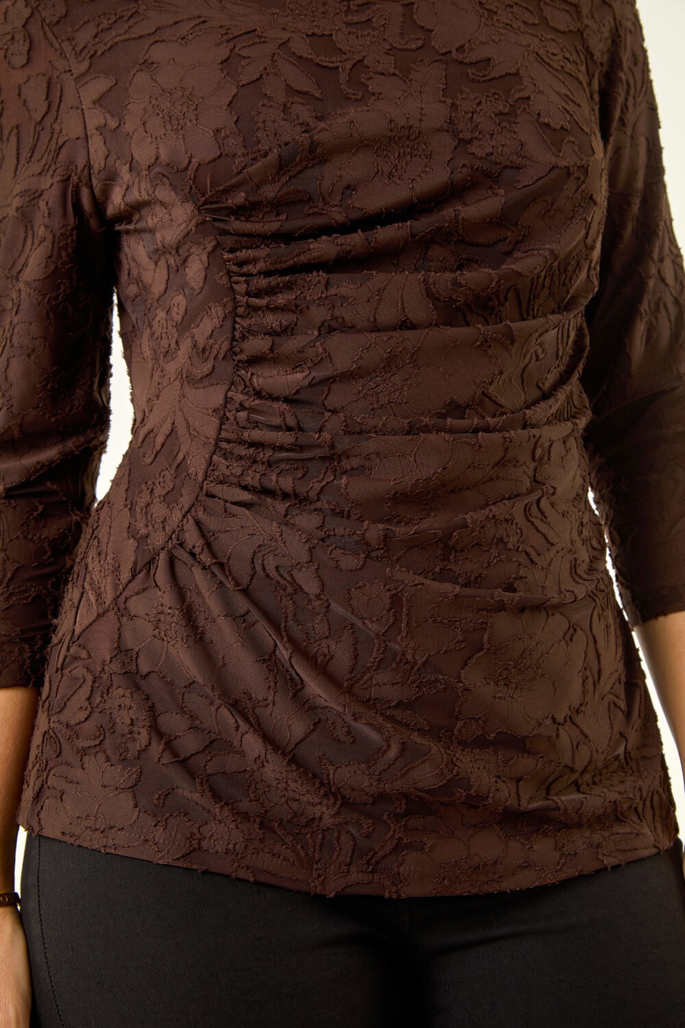 Chocolate Petite Ruched Side Jacquard Top, Image 6 of 5