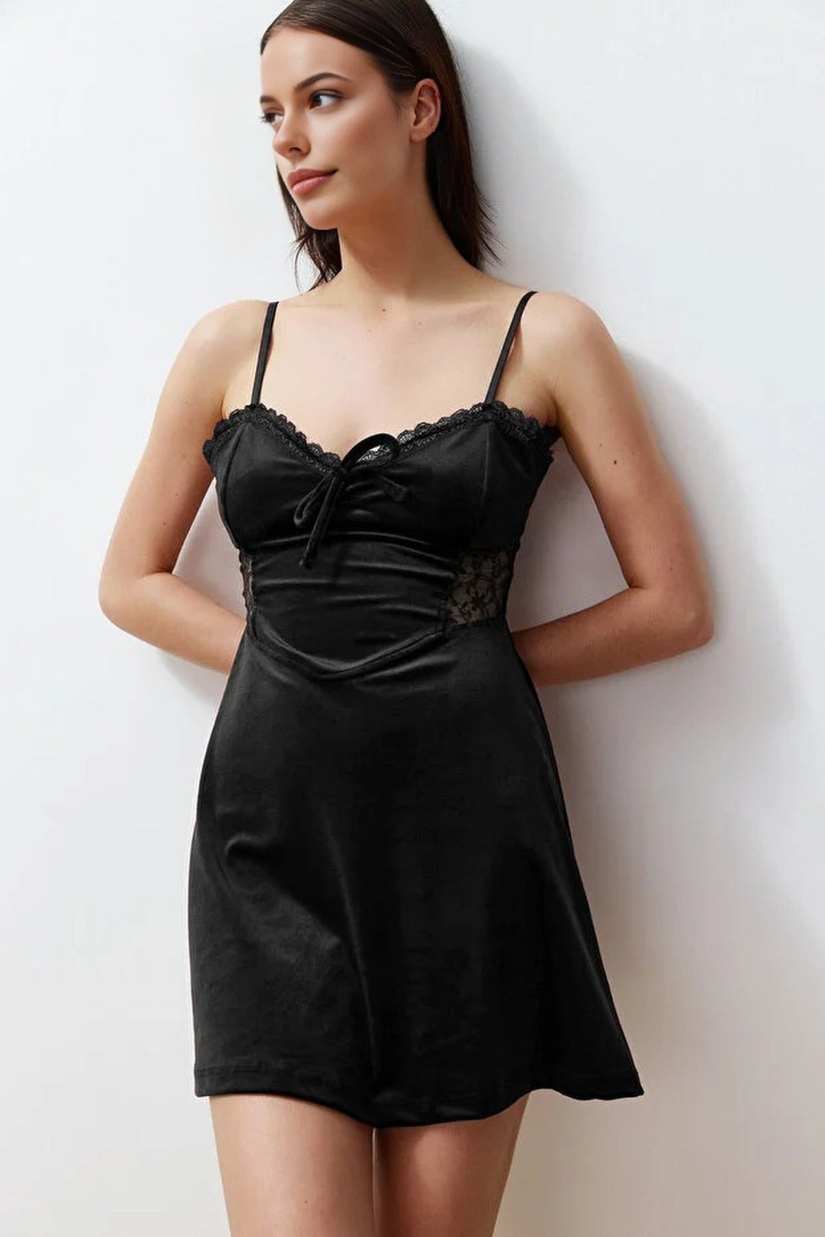 Black WOVCOR Black Lace Trim Tie Front Velvet Strappy Mini Nightdress, Image 1 of 3