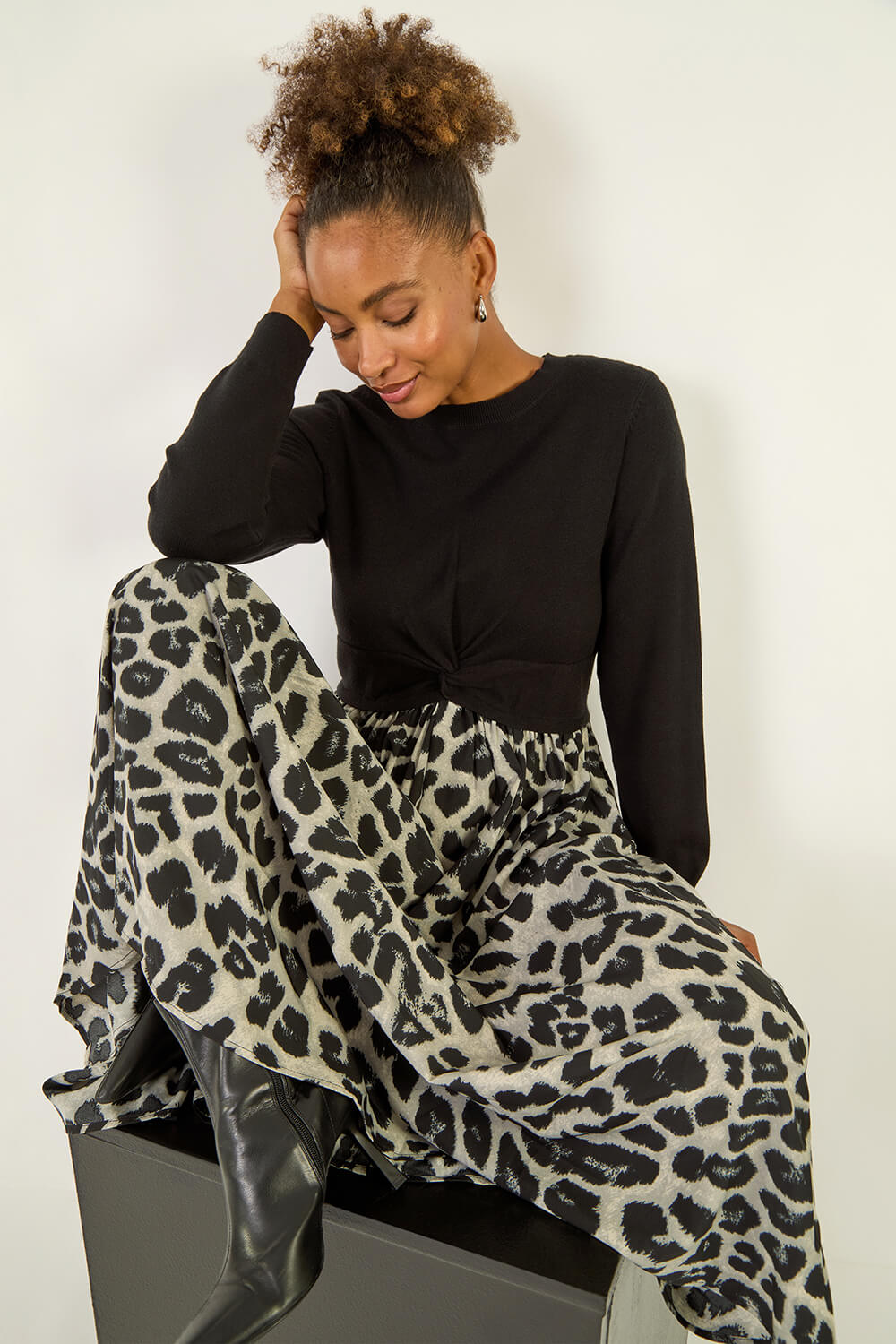 Grey Animal Print Twist Front Midi Dress, Image 1 of 5