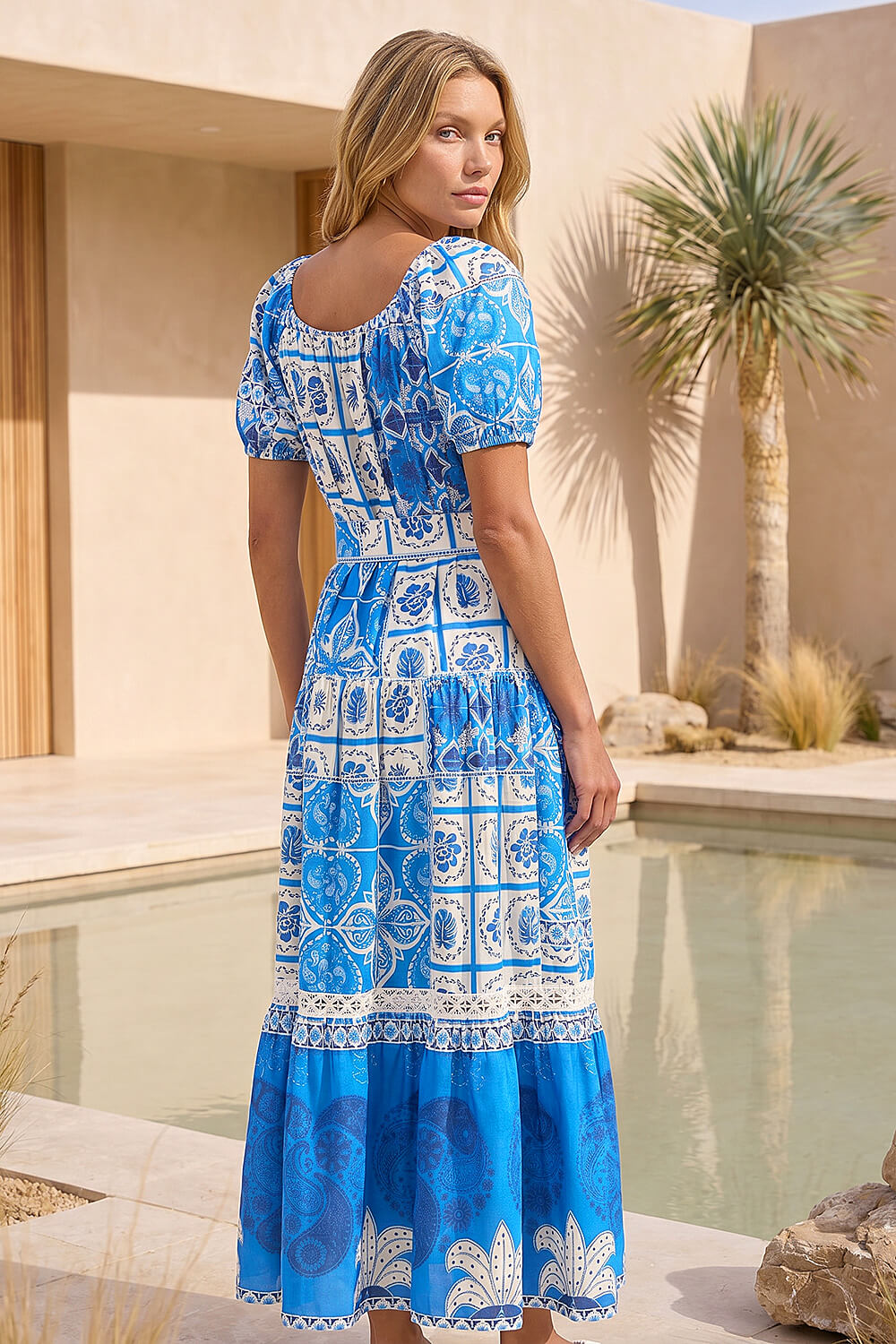 Royal Blue Abstract Border Belted Midi Dress, Image 4 of 4