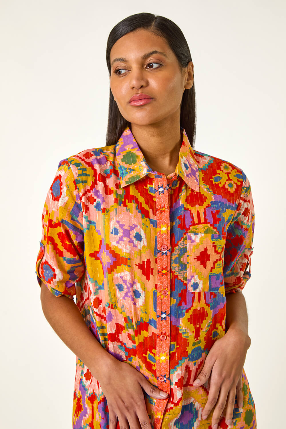Orange Ikat Button Shirt Dress, Image 5 of 6