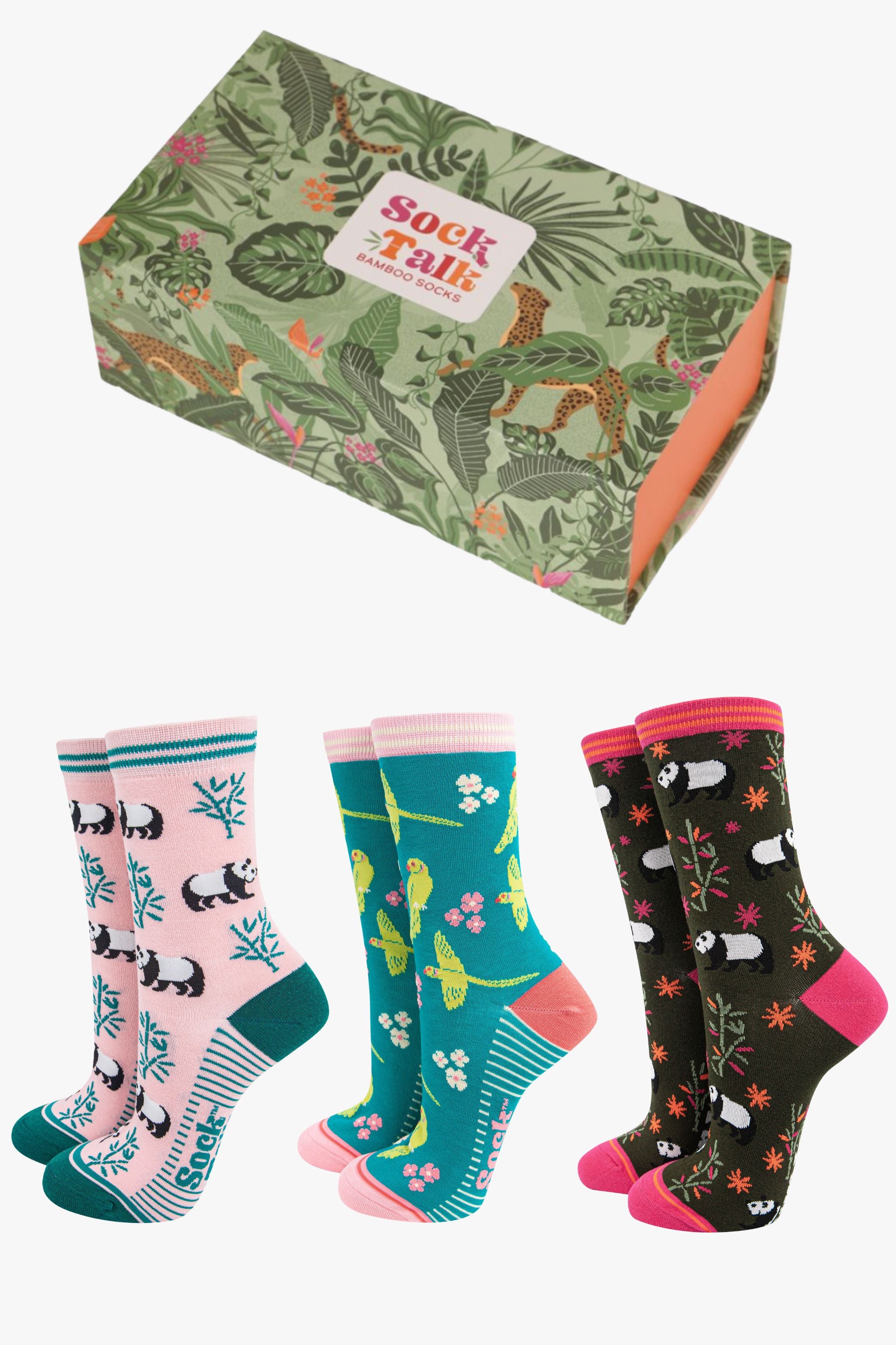 Multi Pandas Parakeets Jungle Animals Bamboo Socks Gift Box