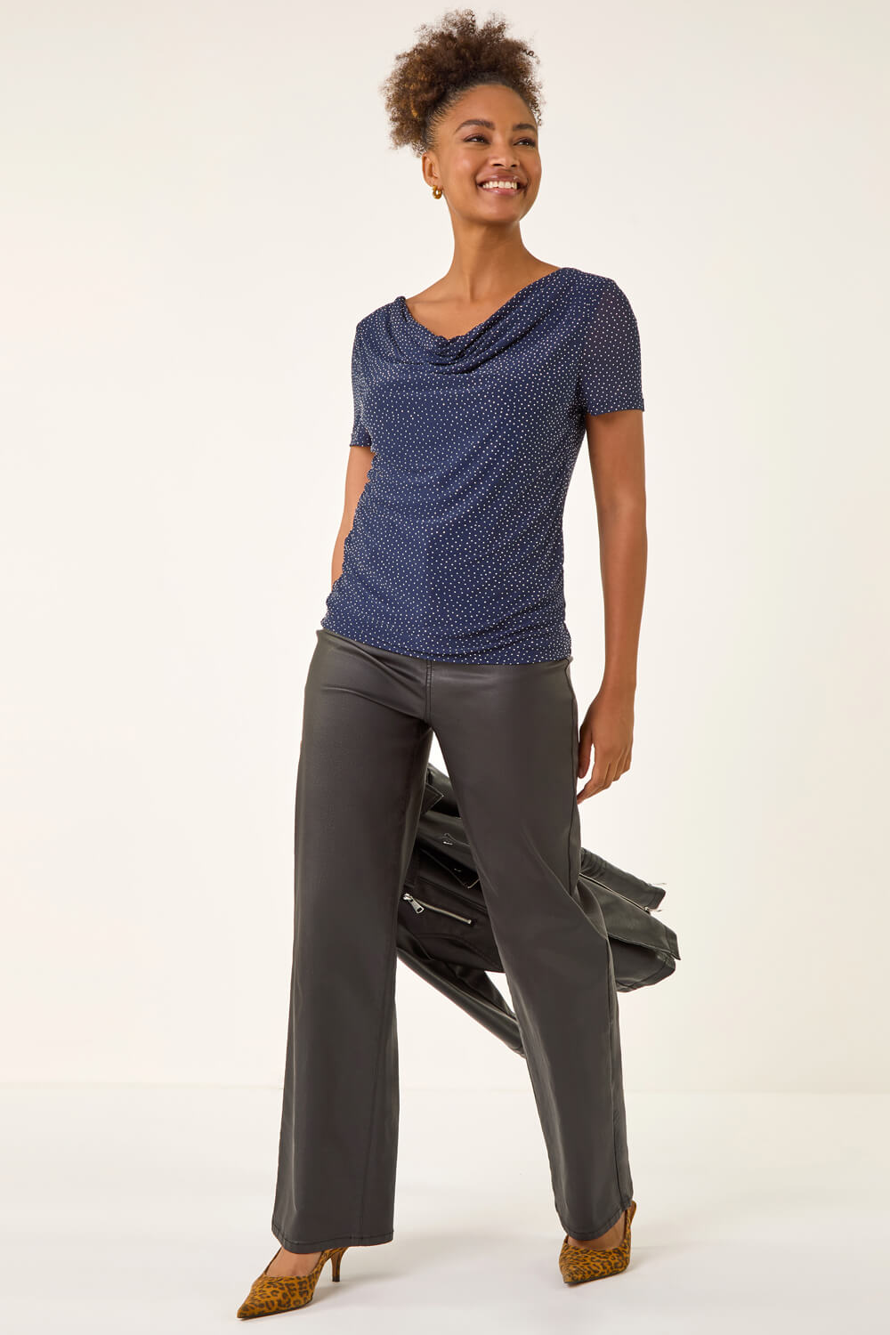 Navy Embellished Cowl Neck Top, Image 1 of 5