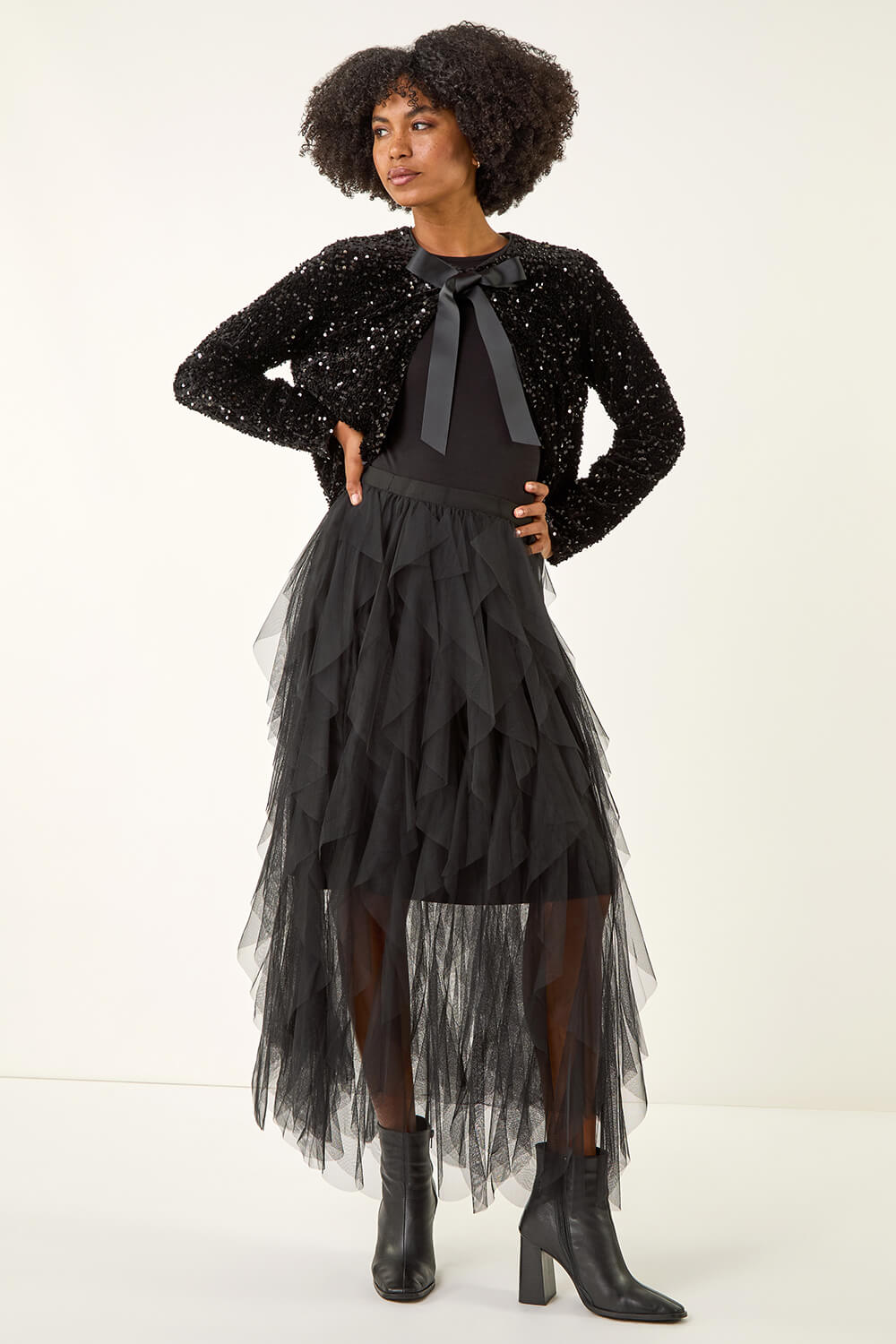 Black Elastic Waist Mesh Layered A Line Skirt, Image 4 of 5