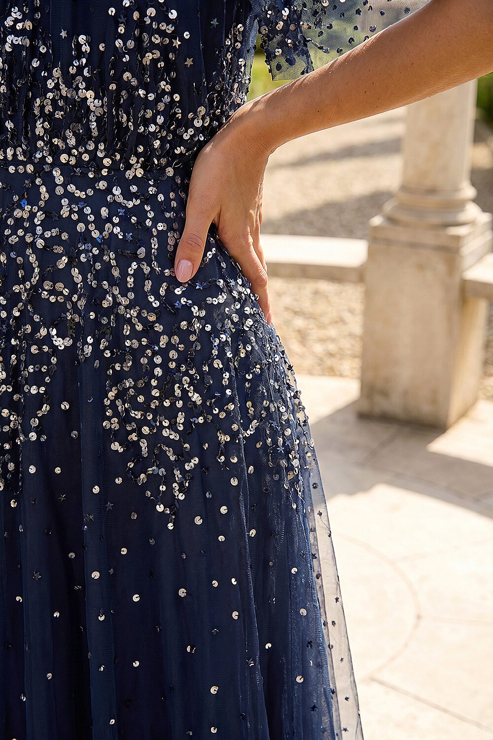 Navy Sequin Angel Sleeve Midi Dress, Image 5 of 4