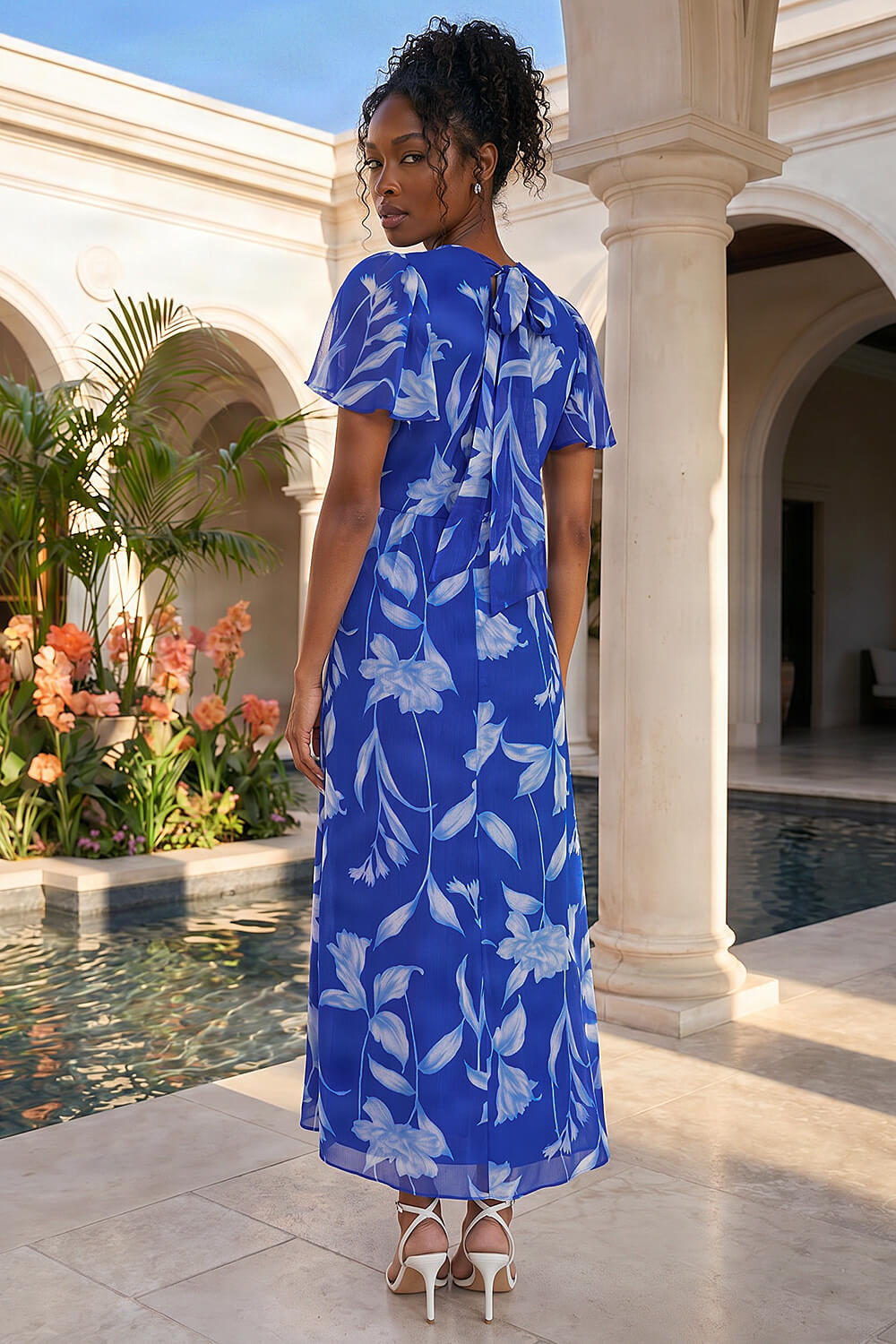 Blue Floral Flutter Sleeve Midi Dress, Image 4 of 4