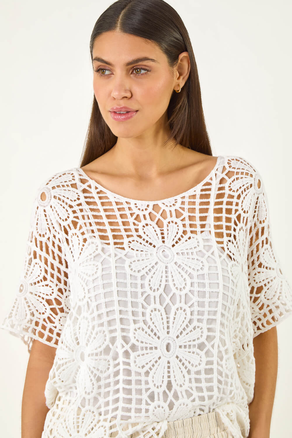 White Floral Crochet Knit Top, Image 3 of 6