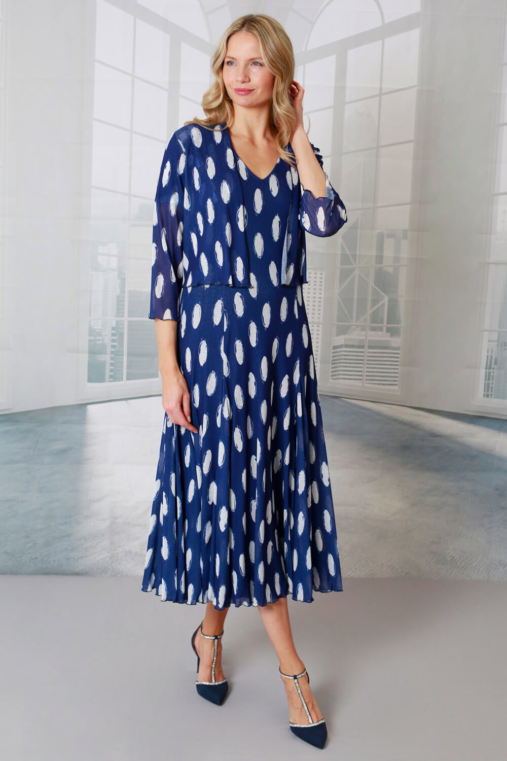 Navy Julianna Polka Dot Mesh Shrug, Image 3 of 3