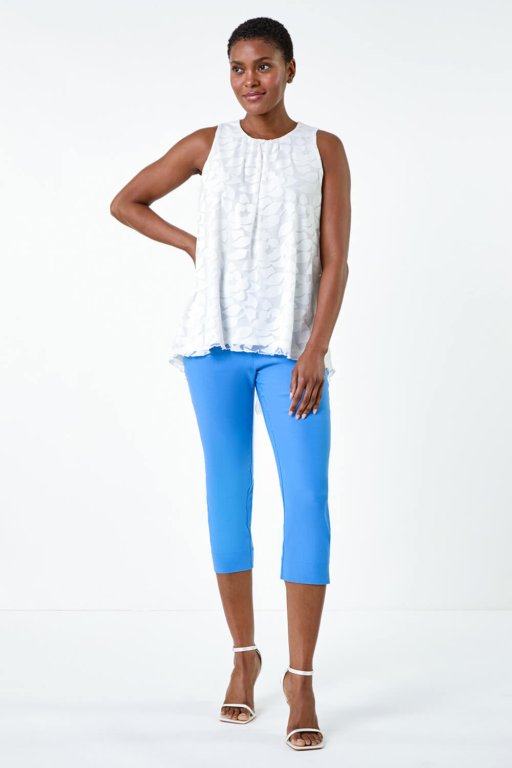 Ivory Sleeveless Textured Floral Print Top, Image 3 of 5