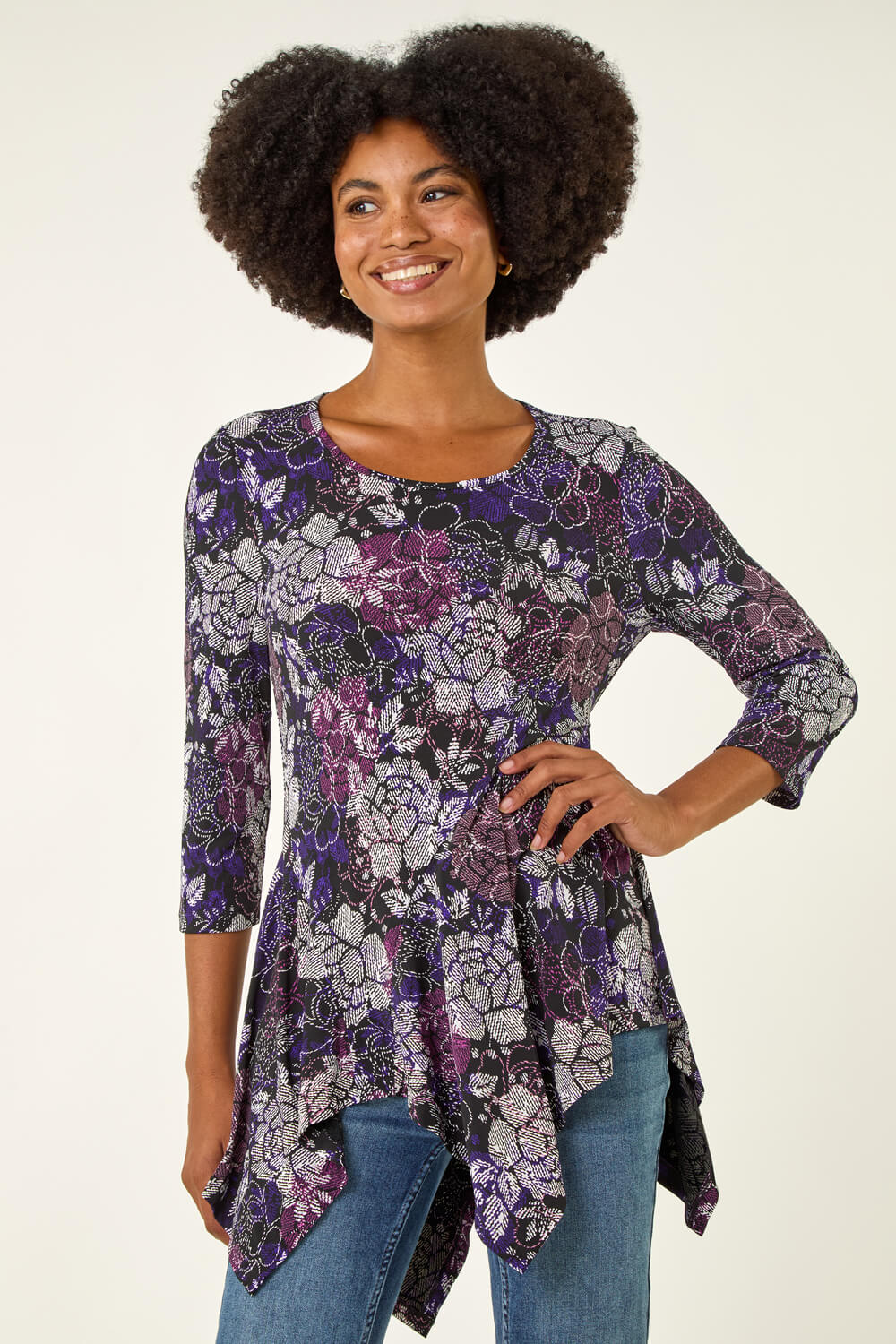 Roman Women's Purple Floral Puff Print Hanky Hem Top Size 14