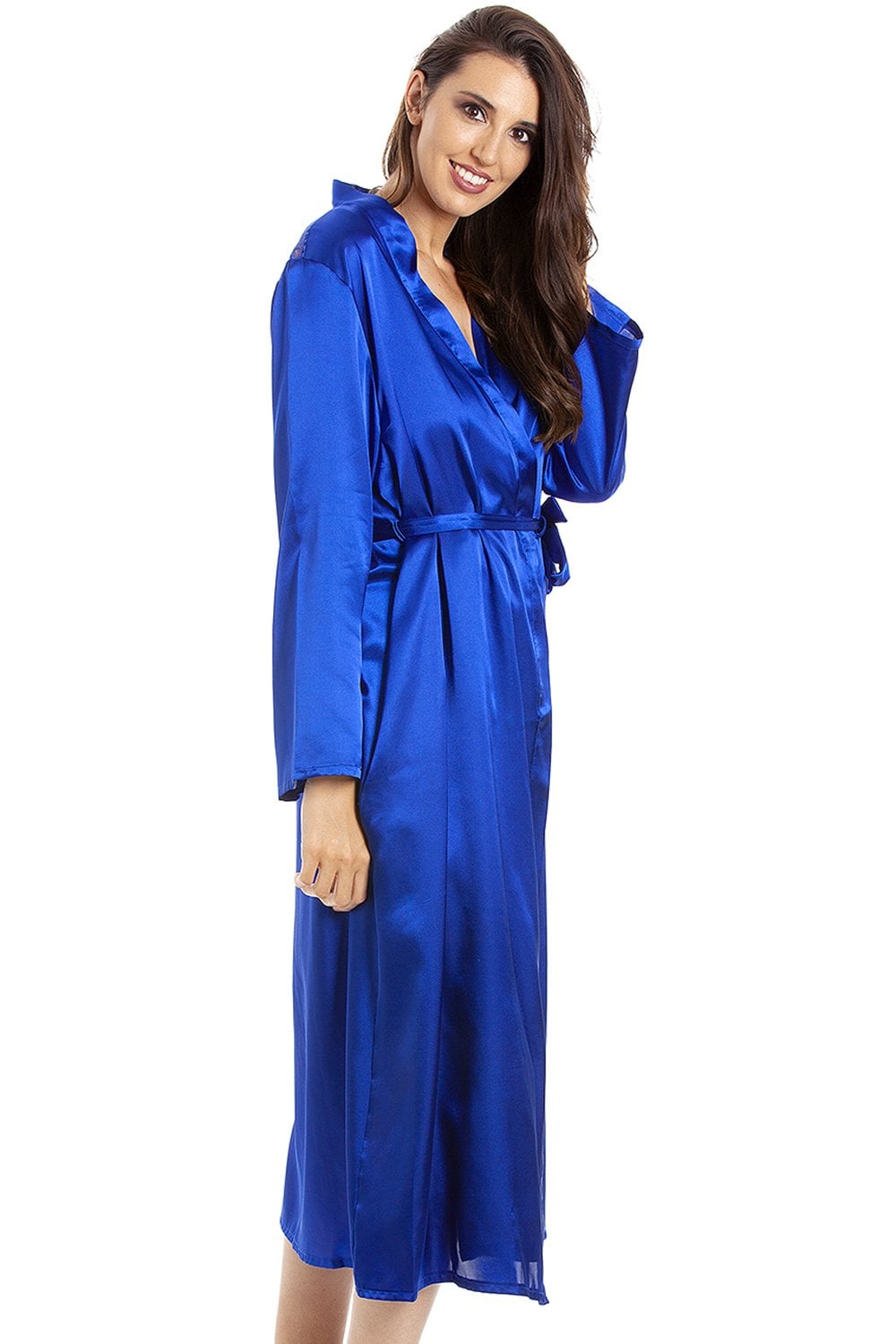Blue Camille Lingerie Blue Full Length Long Sleeve Plain Satin Wrap, Image 2 of 5