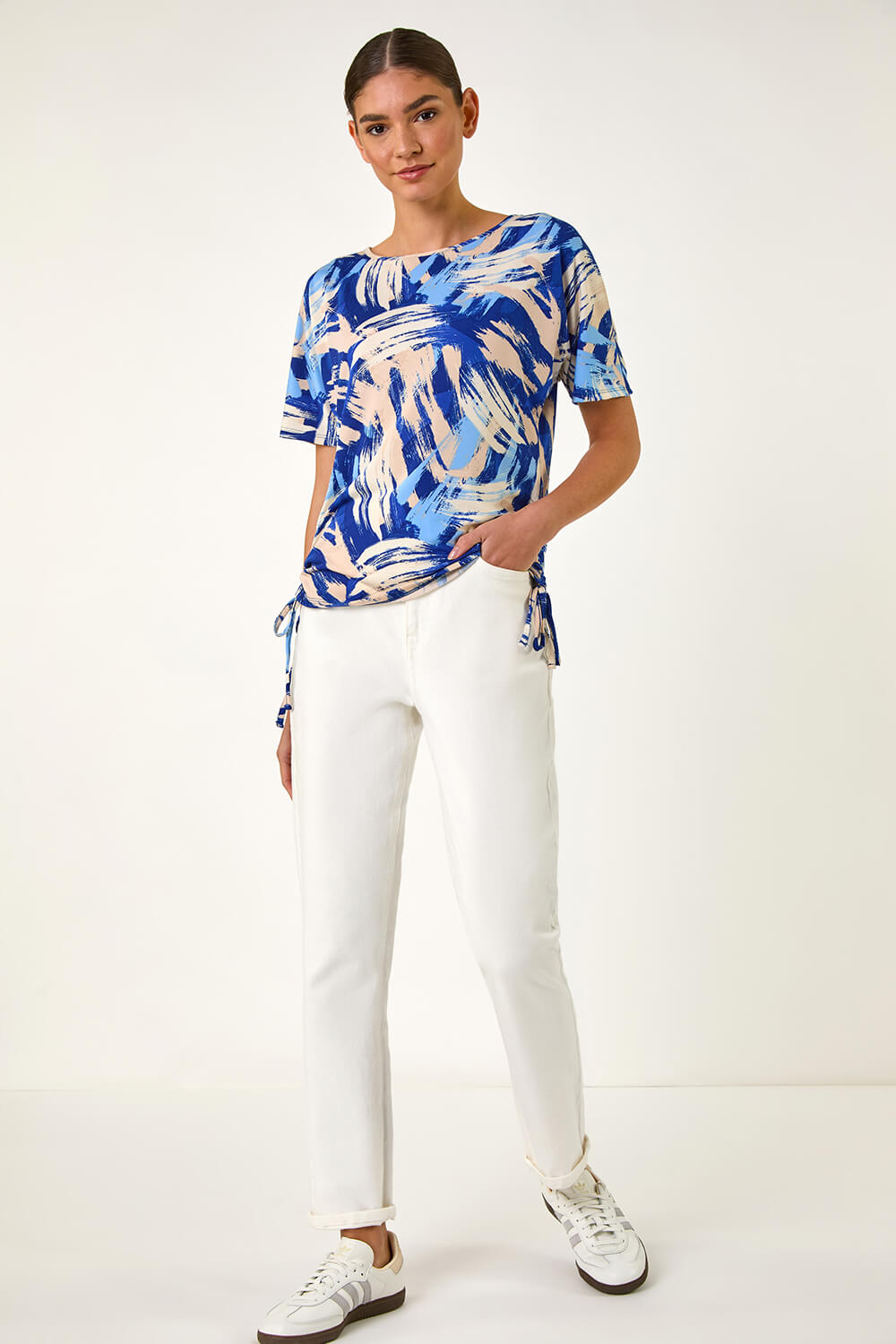 Blue Abstract Print Side Tie Detail Top, Image 3 of 5
