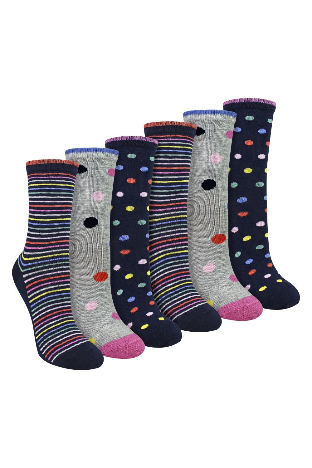 Multi 6 Pairs Ladies Spots and Stripe Patterned Socks- Soft Cotton Rich Everyday Socks, Image 1 of 2