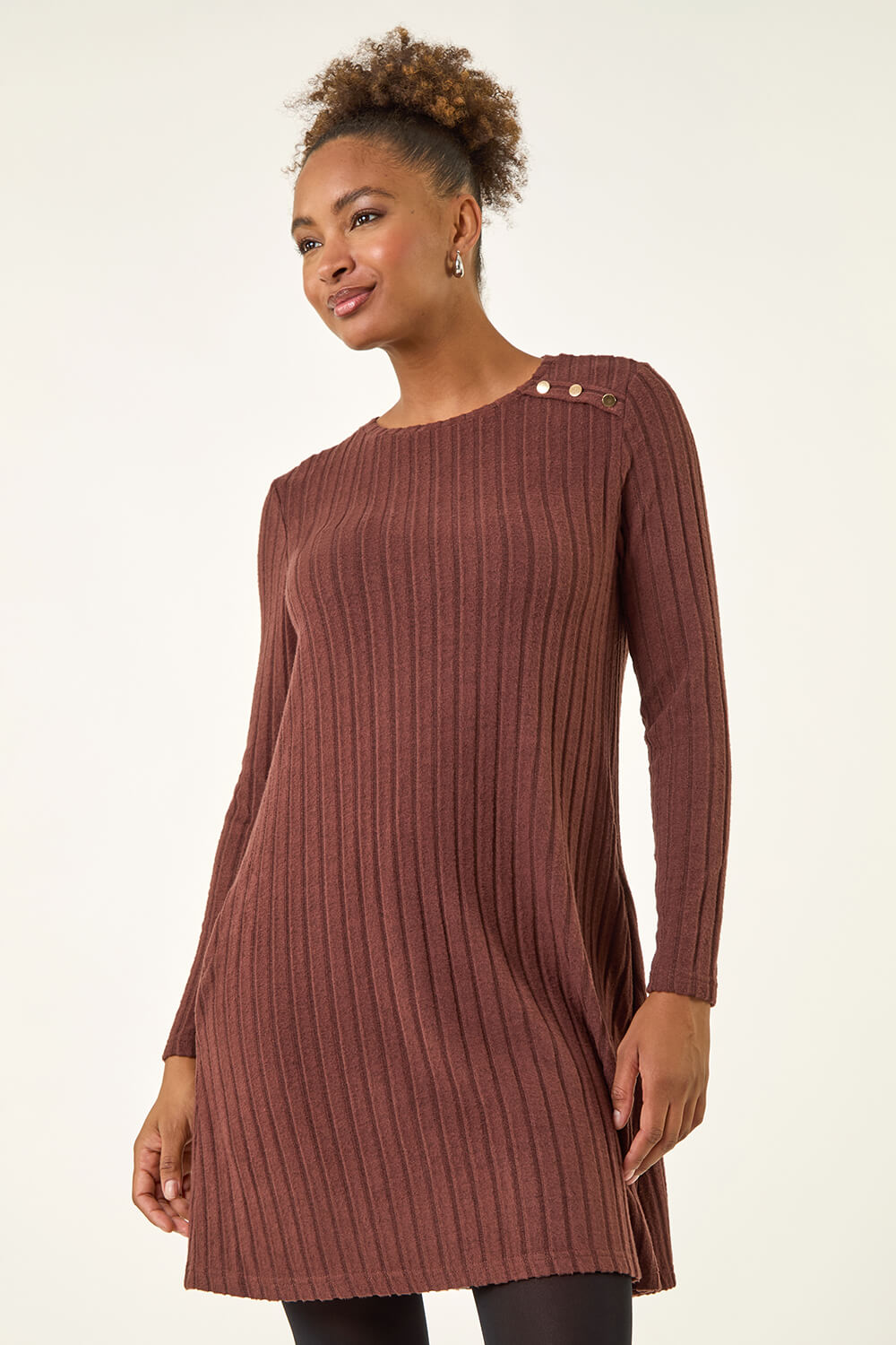 Chocolate Textured Ribbed Swing Dress, Image 3 of 5