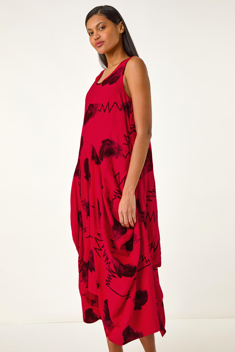 Red Abstract Bubble Hem Midi Dress, Image 1 of 5