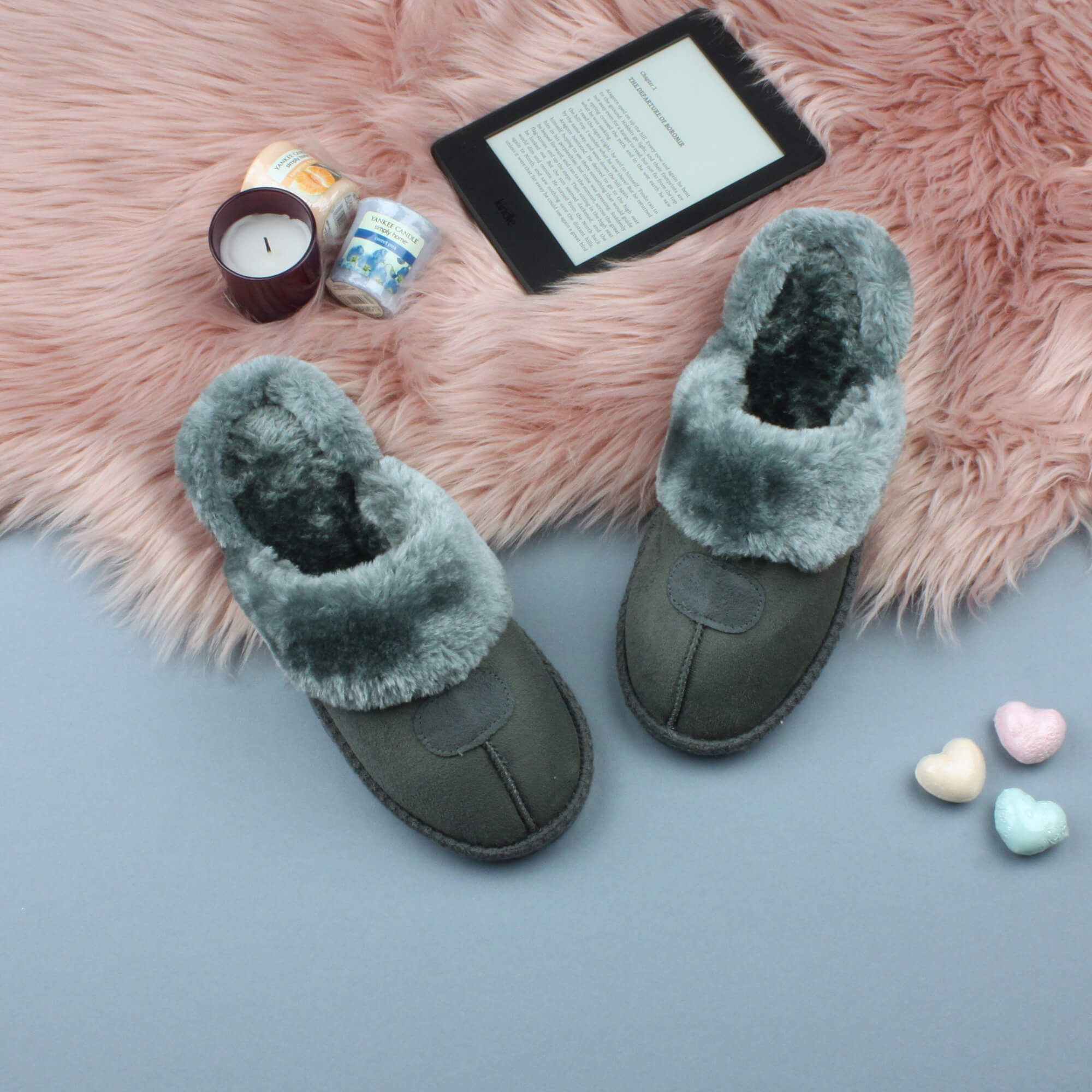 Grey AJVANI Grey Faux Fur Lined Slip On Memory Foam Mules Slippers, Image 3 of 5