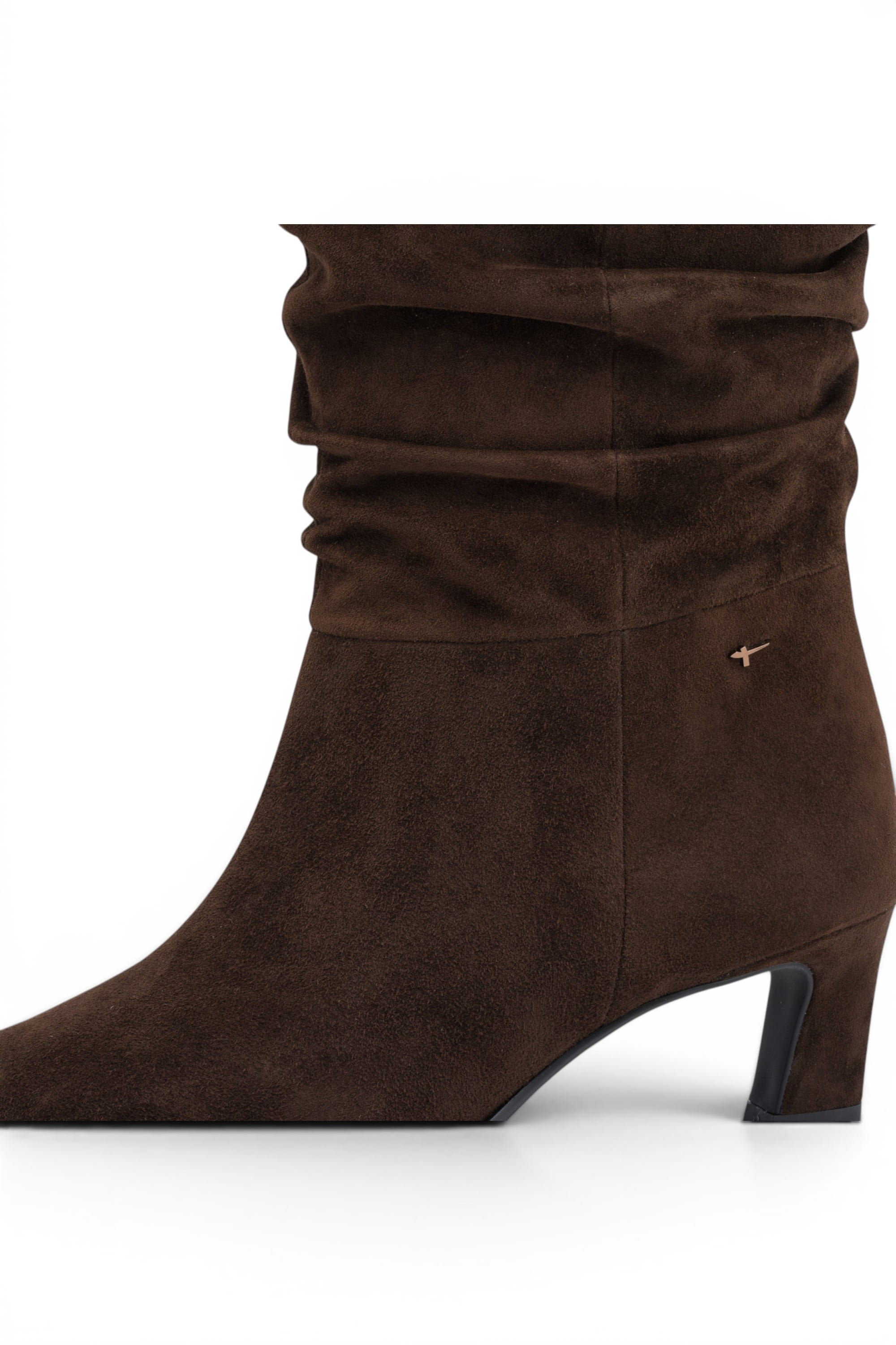 Dark Brown Suede Mid-Calf Heeled Long Boots, Image 5 of 8