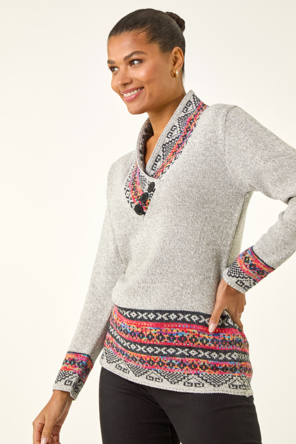Grey Nordic Print Button Detail V-Neck Jumper, Image 1 of 5