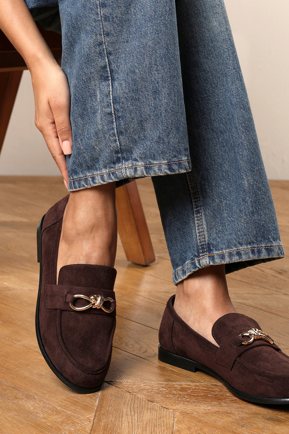 Dark Brown Freyja Knot Trim Hardware Detail Flat Loafers, Image 1 of 6