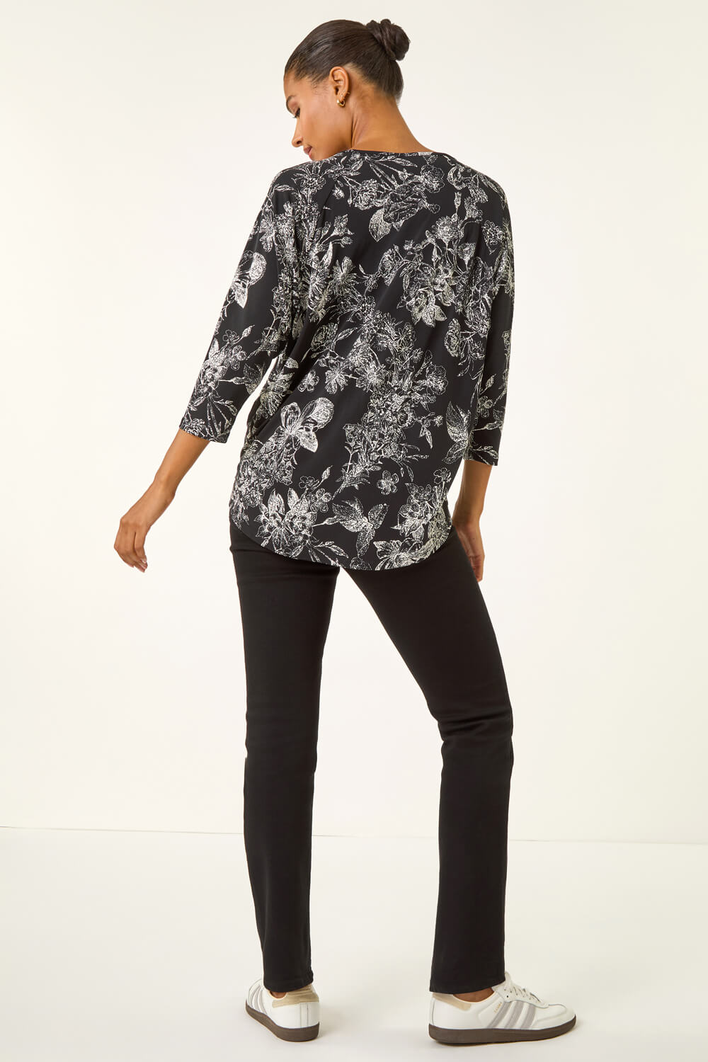 Black Floral Puff Print Stretch Top, Image 4 of 5