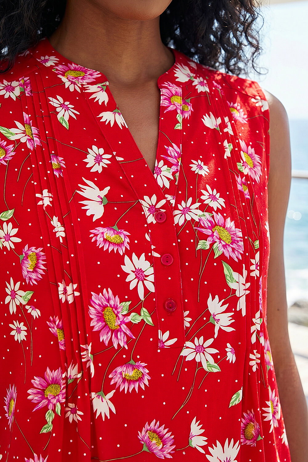 Red Ditsy Floral Print Pintuck Top, Image 5 of 4