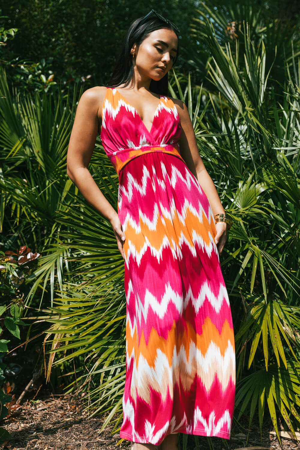 Fuchsia Petite Aztec Print V-Neck Maxi Dress, Image 8 of 7