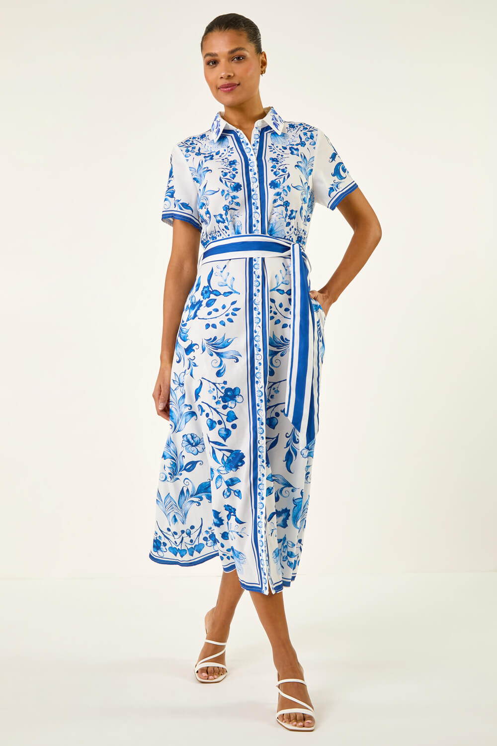 Blue Floral Border Print Collared Shirt Dress, Image 1 of 5