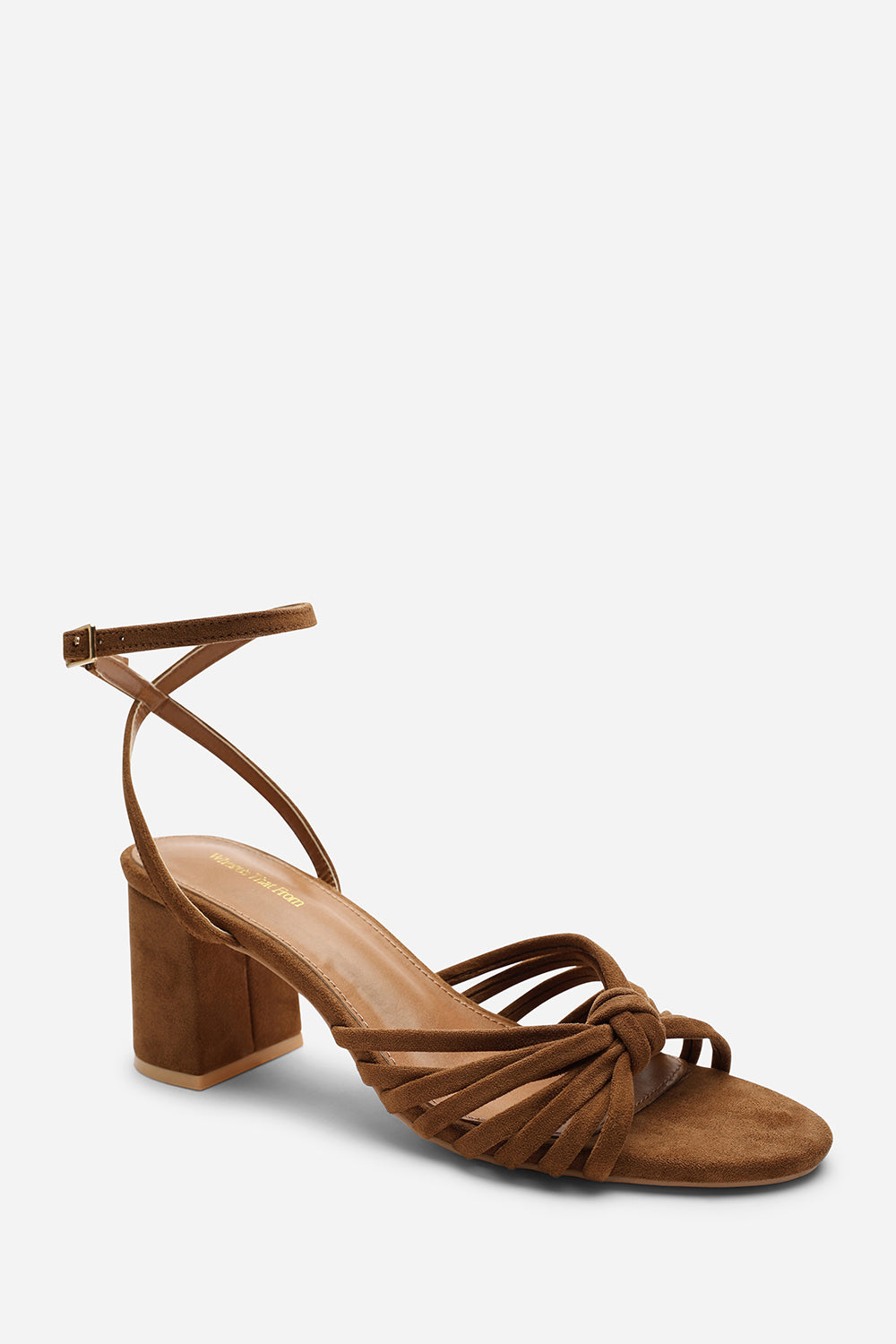 Brown Blossy Knotted Block Heel Sandal With Ankle Strap, Image 4 of 5