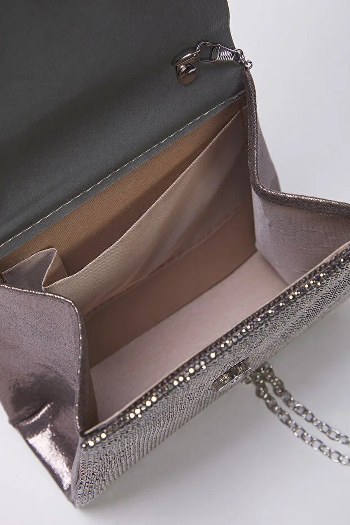 Dark Grey Embellished Mini Clutch Bag with Stone Detailing, Image 3 of 4