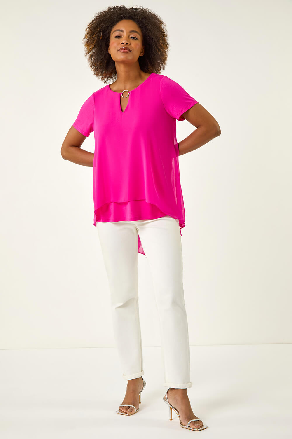 Roman Women's Cerise Ring Front Chiffon Overlay Top Size 12