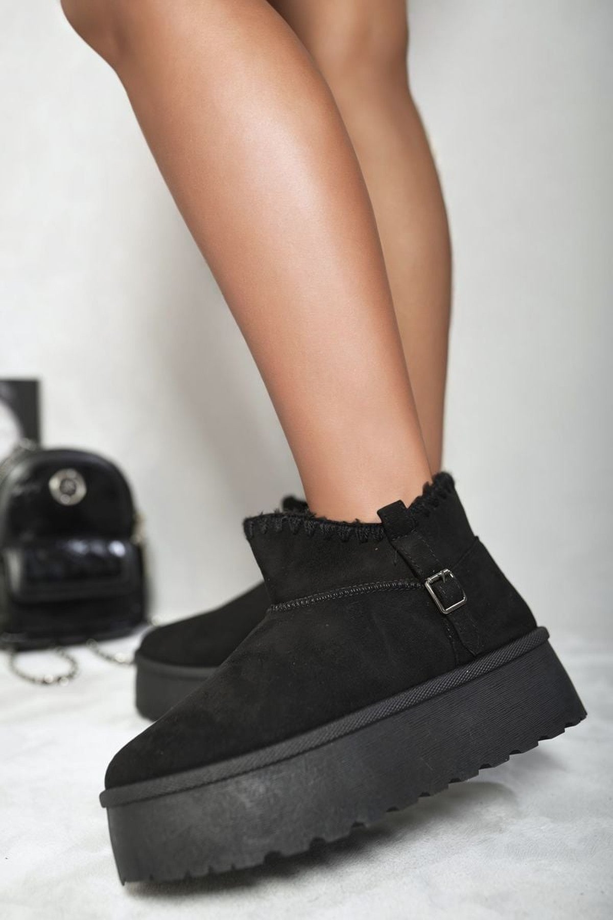 Black iKrush Black Debra Fur-lined Platform Ankle Boots, Image 2 of 3