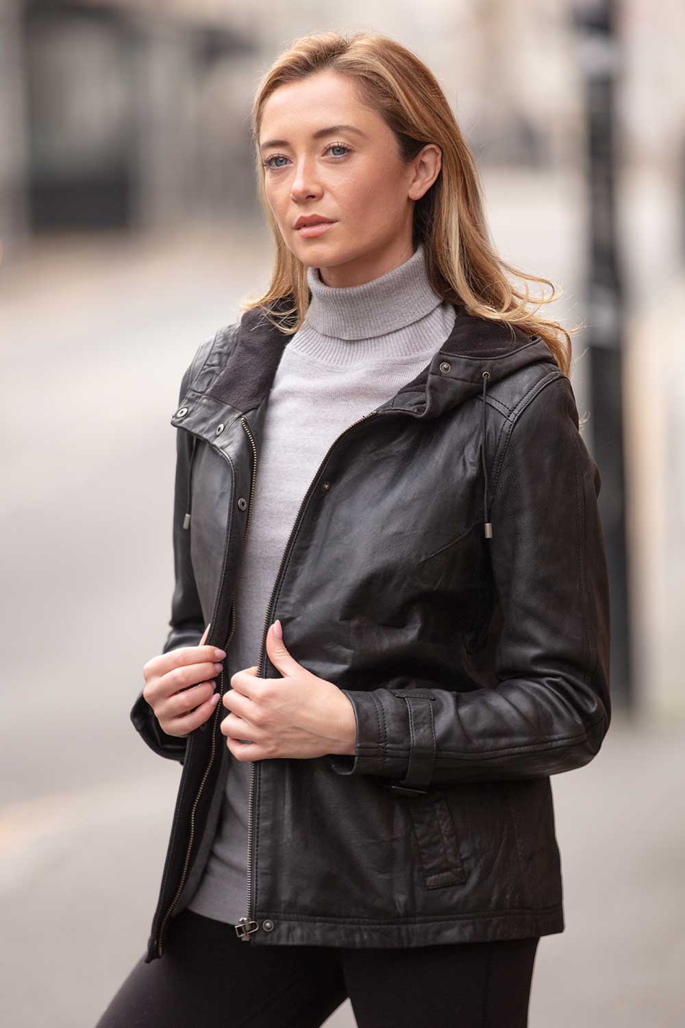 Black Ashwood Leather Black 'Nicola' Real Leather Hooded Jacket Women Coat, Image 1 of 5