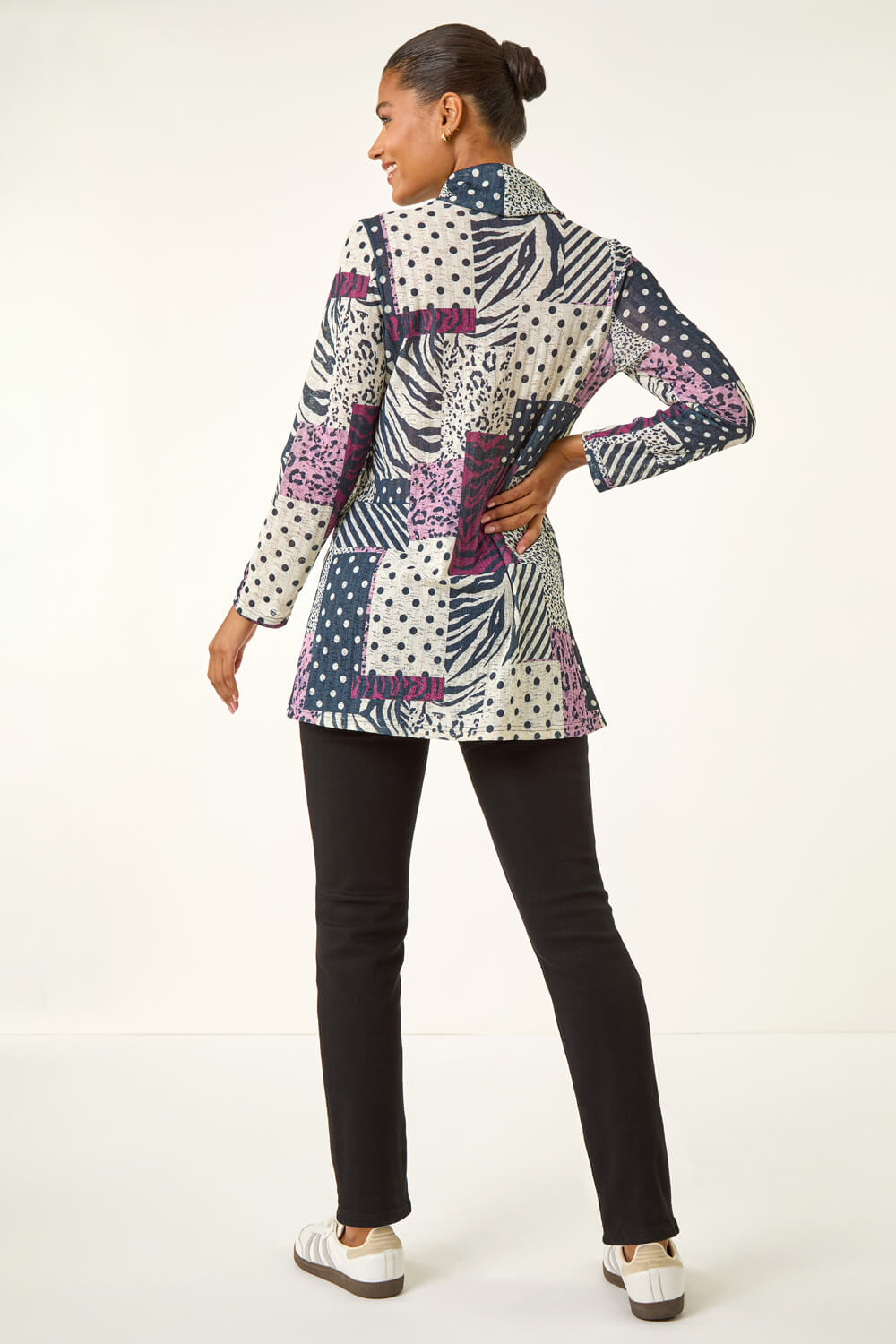 Burgundy Patchwork Print Cowl Neck Top, Image 4 of 5