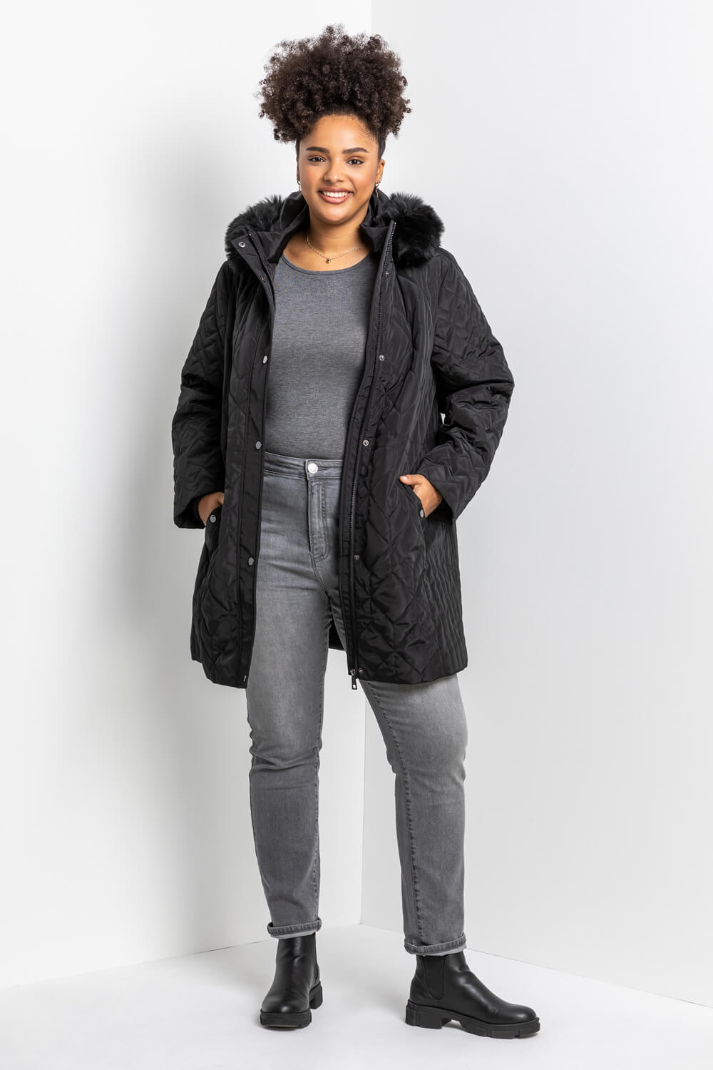 Black Curve Faux Fur Trim Hooded Parka Coat, Image 6 of 5