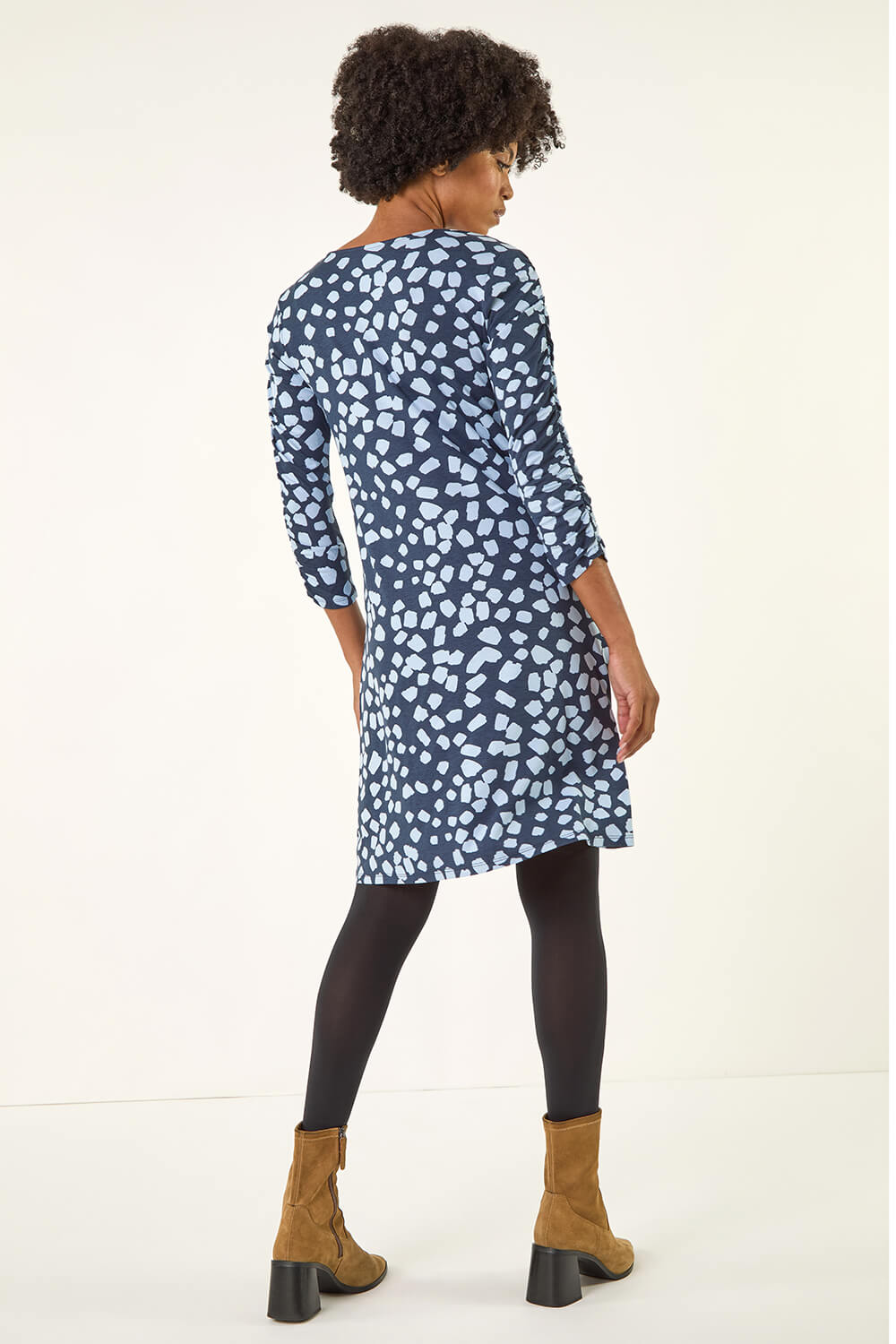 Navy  Geometric Gathered A-Line Dress, Image 4 of 5